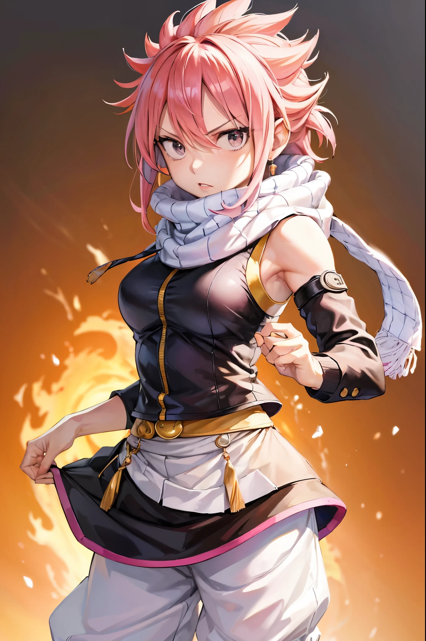 (masterpiece, best quality:1.2), expressive eyes, perfect face, highres, 1girl, solo, (female:1.5), natsu dragneel, scarf, sleeveless, black eyes, jacket, white pants, pink hair, standing, portrait, looking at the viewer,