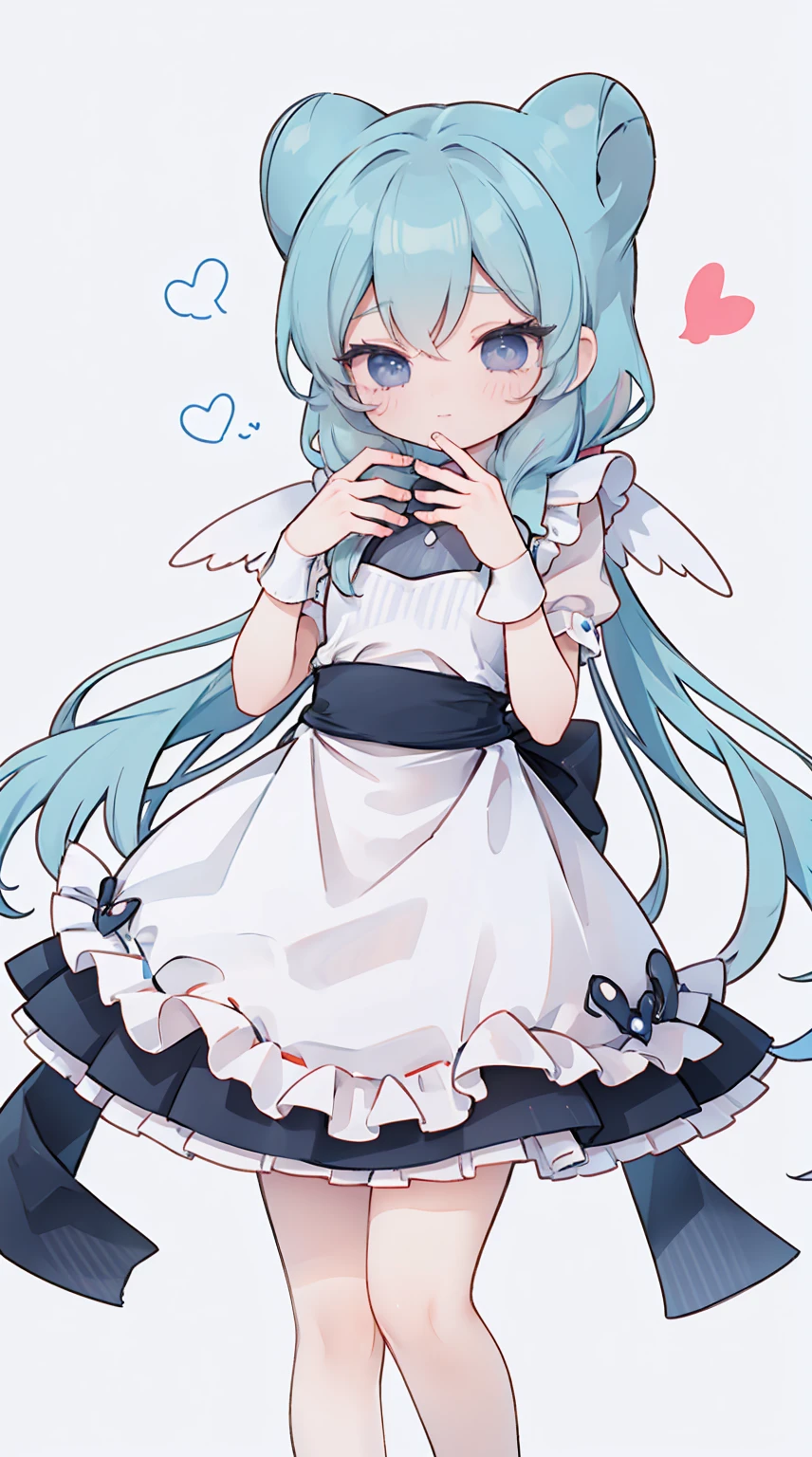 masterpiece, best quality, high resolution, aabeta, double, simple background, standing, slim waist, cute, {{{{{pastel blue fluffy puffy dress, (white apron )}}}}}