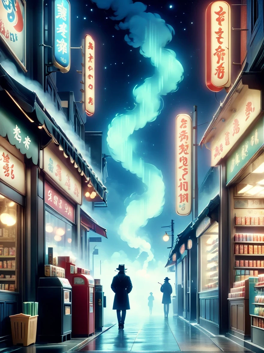 （best picture quality，4K，8K，high resolution，masterpiece：1.2），Super detailed，（lifelike，super lifelike，lifelike：1.37），dark night，，Midnight convenience store，hazy atmosphere，Retro storefront，Shadows and silhouettes，Waiting in silence，Cigarette smoke，Moonlit sky，