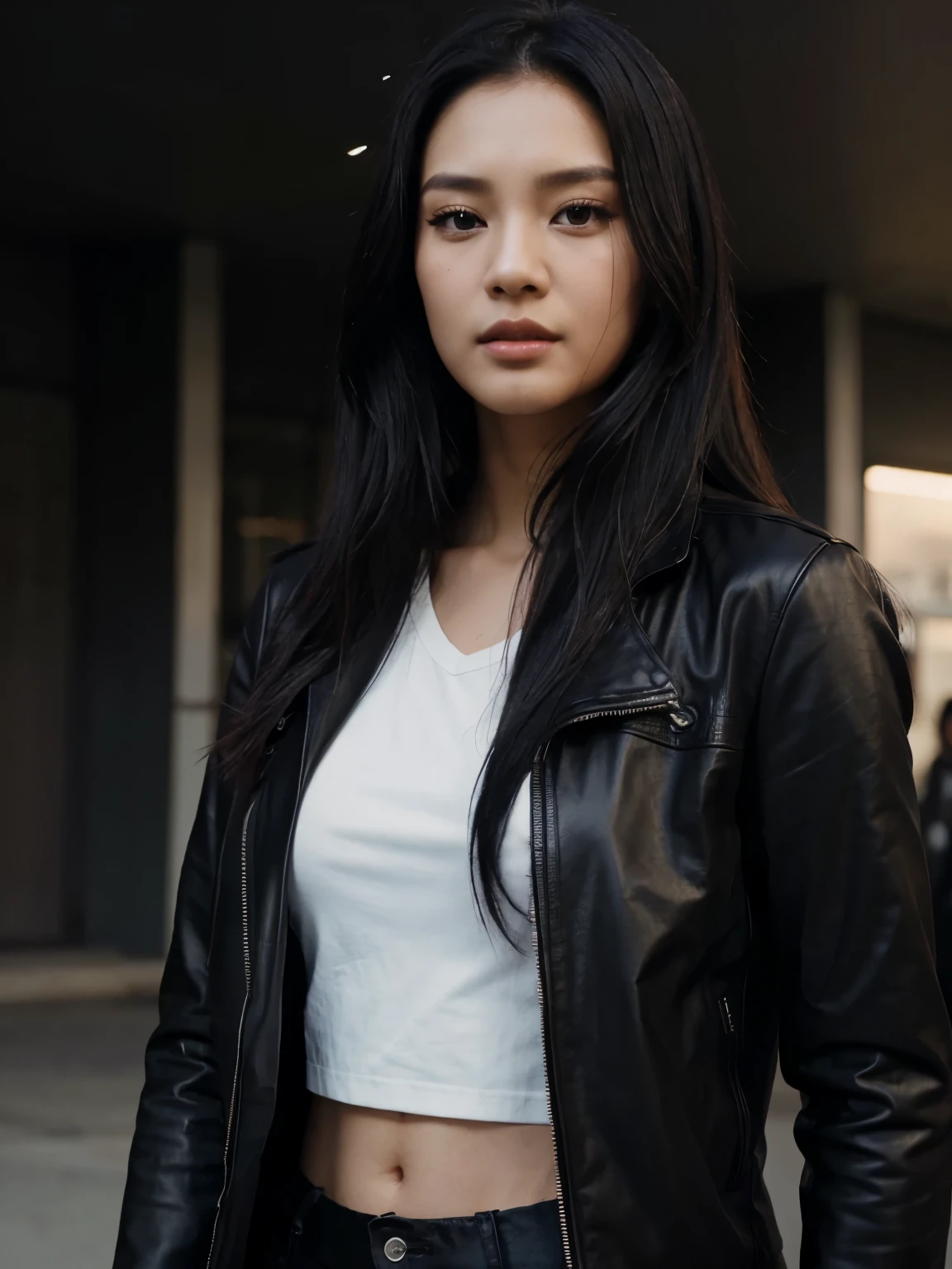 a handsome Indonesian man with black hair was standing next to a beautiful young Korean woman with long black hair, a man dressed in a shirt and a woman wearing a leather jacket. singer, movie screencap, model Eliza Hess from acquamodels. Black background