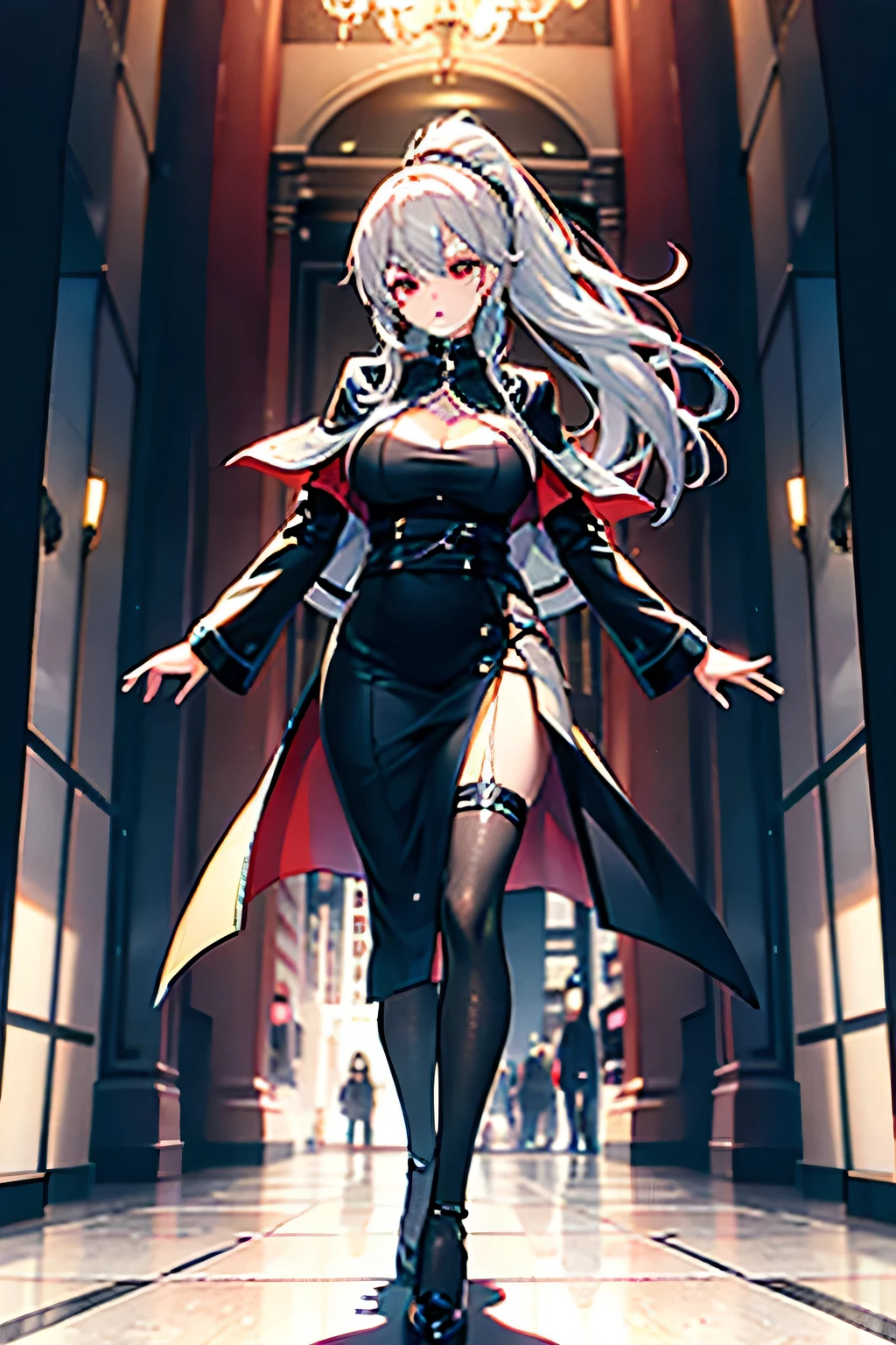 The alone young long waist silver hair woman as the lone character, yellow eye, golde eyes, stand alone , high resolution, sci-fi battlefield , Hyper detail mature face, wear only White shirt, black glove, black jacket, high res, ultra sharp, red necktie, black V-cut panty , black string full leg stocking, black string high thigh kneesock, Black undergarment, exposed leg , exposed panty, She stands confidently in the center of the poster, detail finger, 5 finger, Shooting pose,explosion effect, a determined expression on her face。The background is dark and gritty,There is a sense of danger and a strong feeling。The text is bold and eye-catching,With catchy slogans,Adds to the overall drama and excitement。The color palette is dominated by dark colors,Dotted with bright colorake the poster dynamic and visually striking,(Magazines:1.3), (Cover-style:1.3), Fashion, vibrant, Outfit, posing on a, Front, rich colorful,Background with,element in,self-assured,Expressing the,halter,statement,Attachment,A majestic,coil,Runt,Touching pubic area,Scenes,text,Cover of a,boldness,attention-grabbing,titles,Fashion,typeface,,Best quality at best,Hyper-detailing,8K ,hyper HD