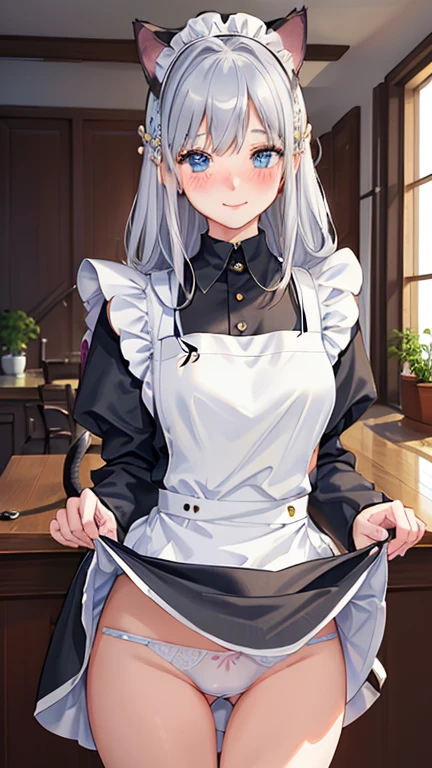highest quality、masterpiece、((1 girl))、((smile))、(blush:1.4)、black shirt、blouse、((fun!!))、(small breasts)、(Cat ear:1.3)、(silver hair)、()、((white apron:1.5))、((maid))、((hair ornaments)),、Kamimei、look at me、 ((in house:1.5))、 Take a break to watch the audience、cowboy shot、(skirt lift:1.3),(highly detailed white panties:1.3)、(highly detailed panties:1.3)、、(スカート that rolls up:1.3)、(fully exposed panties:1.5)、light blue eyes、long hair