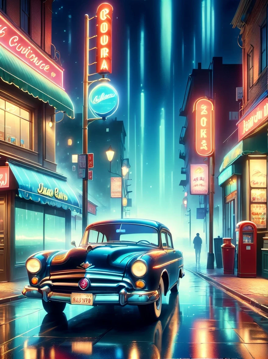 (best quality,4k,8k,highres,masterpiece:1.2),ultra-detailed,(realistic,photorealistic,photo-realistic:1.37),dark night,loneliness,midnight convenience store,neon lights,flickering lights,hazy atmosphere,vintage storefront,quiet streets,cobblestone pavement,shadows and silhouettes,distant passing car's headlights,mysterious figures,waiting in silence,cigarette smoke lingering,moonlit sky,streets illuminated by street lamps,reflection of neon lights on wet pavement