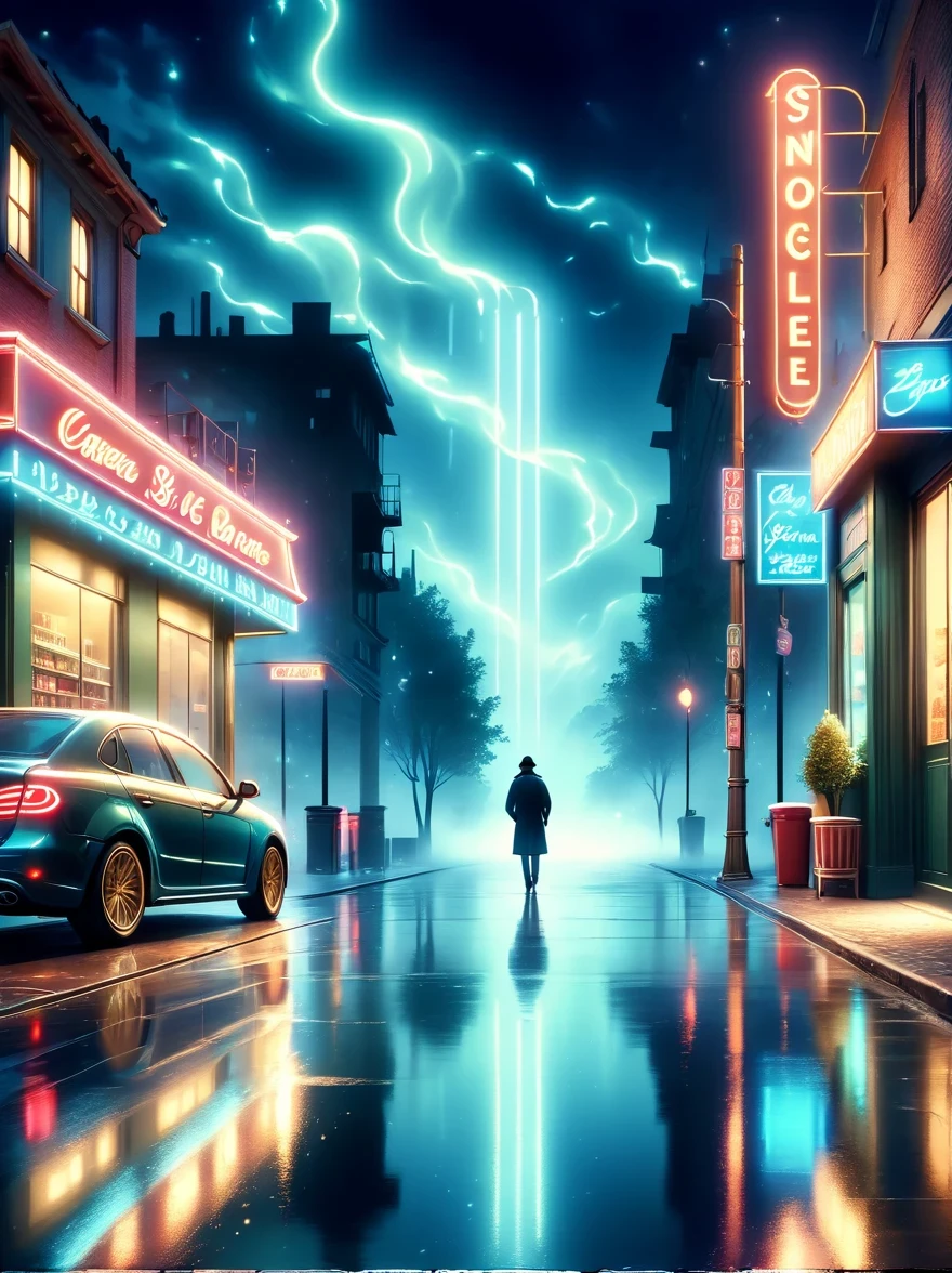 (best quality,4k,8k,highres,masterpiece:1.2),ultra-detailed,(realistic,photorealistic,photo-realistic:1.37),dark night,loneliness,midnight convenience store,neon lights,flickering lights,hazy atmosphere,vintage storefront,quiet streets,cobblestone pavement,shadows and silhouettes,distant passing car's headlights,mysterious figures,waiting in silence,cigarette smoke lingering,moonlit sky,streets illuminated by street lamps,reflection of neon lights on wet pavement