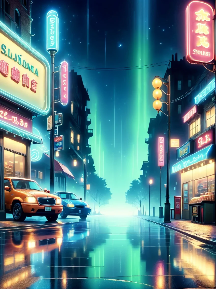 (best quality,4k,8k,highres,masterpiece:1.2),ultra-detailed,(realistic,photorealistic,photo-realistic:1.37),dark night,loneliness,midnight convenience store,neon lights,flickering lights,hazy atmosphere,vintage storefront,quiet streets,cobblestone pavement,shadows and silhouettes,distant passing car's headlights,mysterious figures,waiting in silence,cigarette smoke lingering,moonlit sky,streets illuminated by street lamps,reflection of neon lights on wet pavement