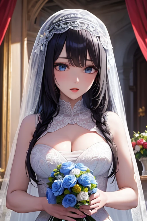 masterpiece, masterpiece_portrait, distinct, distinct_image, high_resolution, highres, high_quality_anime, high_quality, hyper_detail, finely_detailed,4K, YUJU, GFRIEND, KPOP , white Wedding Dress, sexy body, ((black hair)), blue eyes, wedding veil, bouquet