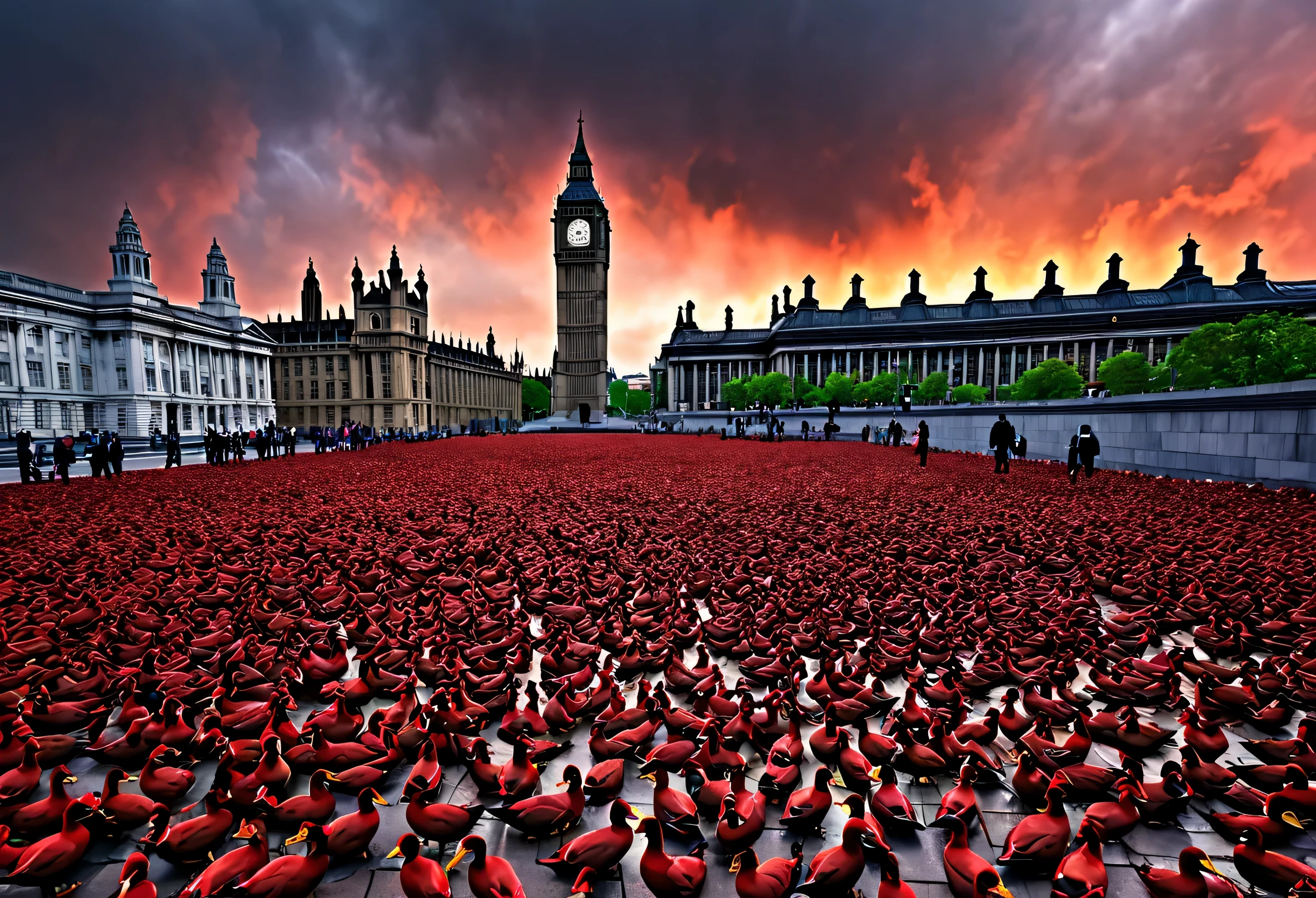 ((Many red ducks fell from the sky.)), (There were many dead ducks lying on the ground.), big ben clock tower, Trafalgar Square, England, (Liverpool), red clouds like flames, ((Atmosphere of the end of the world)), collapsed civilization, The atmosphere is dark in England.,The sky was frighteningly overcast.,Very high detail, The images are very realistic., A lot of people screamed.