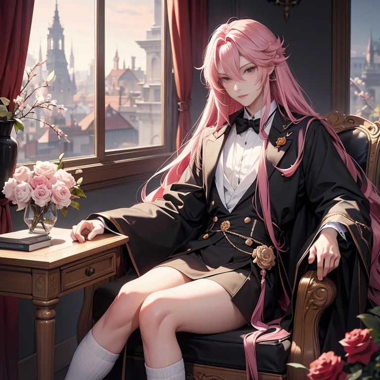 Anime guy with long pink hair sitting on a chair holding a roseの子, beautiful androgynous prince, Demon slayer art handsome man, Elegant anime key visual, delicate and androgynous prince, handsome anime pose, Handsome male vampire, sakimichan frank franzzeta, alucard, Detailed anime original drawing, anime handsome man, detailed anime character art、Anime guy with long pink hair sitting on a chair holding a rose, Character portraits inspired by Hiro Yamagata, pixiv, neo-romanticism, beautiful androgynous prince, Demon slayer art handsome man, Elegant anime key visual, delicate and androgynous prince, handsome anime pose, Handsome male vampire, sakimichan frank franzzeta、very mysterious、highest quality,Ultra high resolution output image), (8K quality),(Image mode Ultra HD),nikon, 8K,whole body、from the front、beautiful fingers、The first priority is to get your fingers right and accurate.、People First、