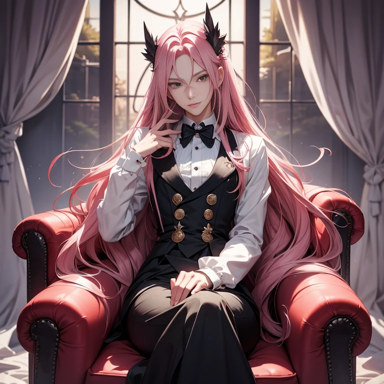 Anime guy with long pink hair sitting on a chair holding a roseの子, beautiful androgynous prince, Demon slayer art handsome man, Elegant anime key visual, delicate and androgynous prince, handsome anime pose, Handsome male vampire, sakimichan frank franzzeta, alucard, Detailed anime original drawing, anime handsome man, detailed anime character art、Anime guy with long pink hair sitting on a chair holding a rose, Character portraits inspired by Hiro Yamagata, pixiv, neo-romanticism, beautiful androgynous prince, Demon slayer art handsome man, Elegant anime key visual, delicate and androgynous prince, handsome anime pose, Handsome male vampire, sakimichan frank franzzeta、very mysterious、highest quality,Ultra high resolution output image), (8K quality),(Image mode Ultra HD),nikon, 8K,whole body、from the front、beautiful fingers、The first priority is to get your fingers right and accurate.、People First、