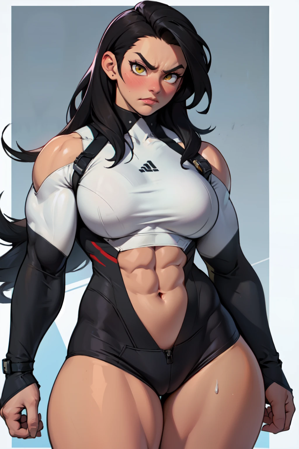 1girl (((muscular toned body))) huge breasts thick thighs wide hips curvy abs black hair yellow eyes very long hair pale skin voluptuous angry blush bodysuit