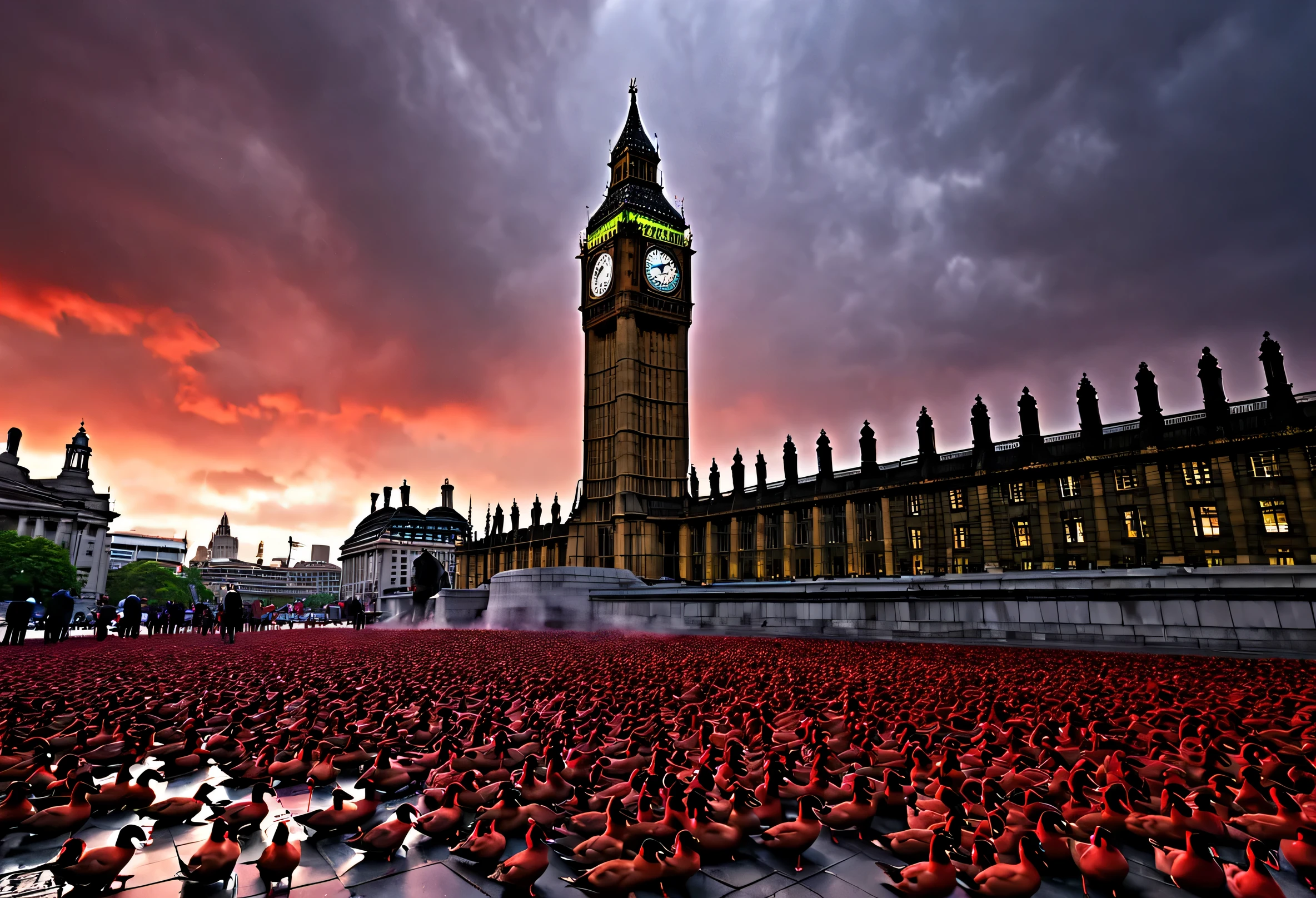 ((Many red ducks fell from the sky.)), (There were many dead ducks lying on the ground.), big ben clock tower, Trafalgar Square, England, (Liverpool), red clouds like flames, ((Atmosphere of the end of the world)), collapsed civilization, The atmosphere is dark in England.,The sky was frighteningly overcast.,Very high detail, The images are very realistic., A lot of people screamed.