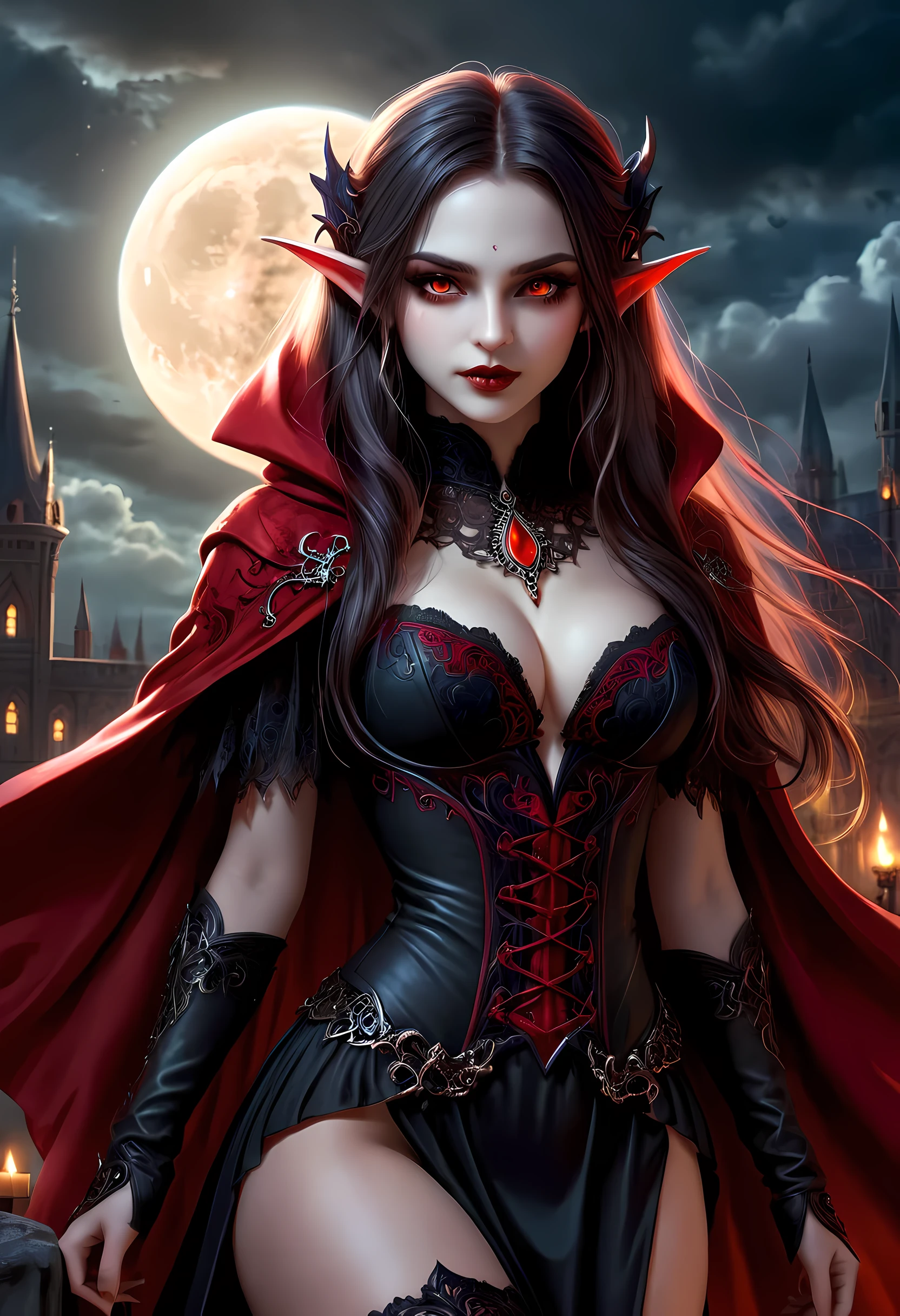 fantasy art, gothic art, (masterpiece:1.5), full body best details, highly detailed, best quality, Glowing Red, highres, full body portrait of a vampire, elf (Masterpiece, best quality: 1.6), ultra feminine, wizard, (intricate details, Masterpiece, best quality: 1.5) with a long curvy hair, light color hair, (scarlet:1.3) eyes, (fantasy art, Masterpiece, best quality), ((beautiful delicate face)), Ultra Detailed Face (intricate details, fantasy art, Masterpiece, best quality: 1.5), [[vampiric fangs 1.5]] (red cloak: 1.3) , flowing cloak (intricate details, fantasy art, Masterpiece, best quality: 1.3), wearing an intricate (black: 1.2) dress (intricate details, fantasy art, Masterpiece, best quality: 1.5), high heeled boots, urban background (intense details, beat details), fantasy, at night light, natural ,moon light, clouds, gothic atmosphere, soft light, dynamic light, [[anatomically correct]], high details, best quality, 8k, [ultra detailed], masterpiece, best quality, (extremely detailed), dynamic angle