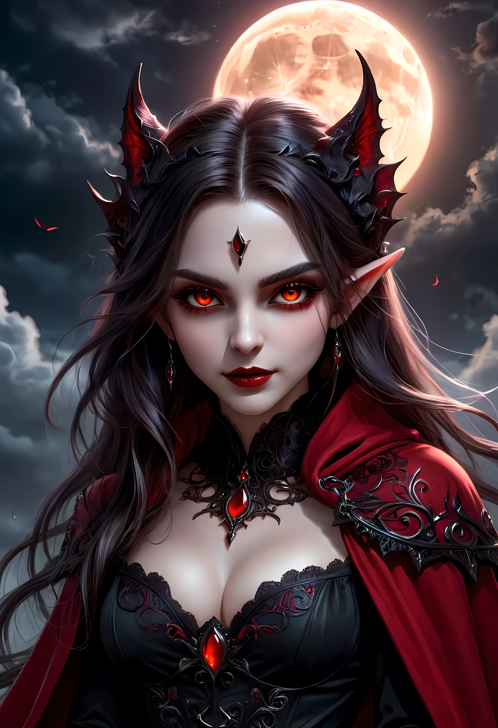 fantasy art, gothic art, (masterpiece:1.5), full body best details, highly detailed, best quality, Glowing Red, highres, full body portrait of a vampire, elf (Masterpiece, best quality: 1.6), ultra feminine, wizard, (intricate details, Masterpiece, best quality: 1.5) with a long curvy hair, light color hair, (scarlet:1.3) eyes, (fantasy art, Masterpiece, best quality), ((beautiful delicate face)), Ultra Detailed Face (intricate details, fantasy art, Masterpiece, best quality: 1.5), [[vampiric fangs 1.5]] (red cloak: 1.3) , flowing cloak (intricate details, fantasy art, Masterpiece, best quality: 1.3), wearing an intricate (black: 1.2) dress (intricate details, fantasy art, Masterpiece, best quality: 1.5), high heeled boots, urban background (intense details, beat details), fantasy, at night light, natural ,moon light, clouds, gothic atmosphere, soft light, dynamic light, [[anatomically correct]], high details, best quality, 8k, [ultra detailed], masterpiece, best quality, (extremely detailed), dynamic angle