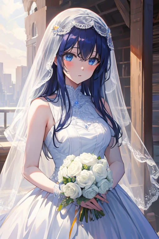 masterpiece, masterpiece_portrait, distinct, distinct_image, high_resolution, highres, high_quality_anime, high_quality, hyper_detail, finely_detailed,4K, YUJU, GFRIEND, KPOP , white Wedding Dress, sexy body, ((black hair)), blue eyes, wedding veil, bouquet