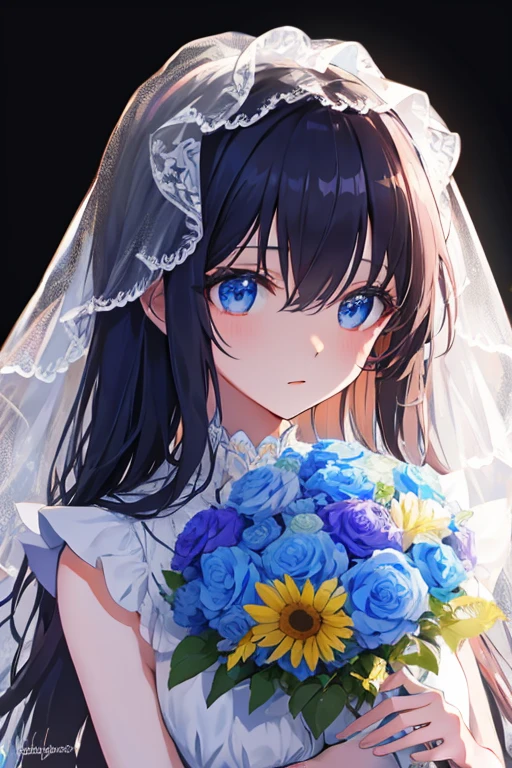 masterpiece, masterpiece_portrait, distinct, distinct_image, high_resolution, highres, high_quality_anime, high_quality, hyper_detail, finely_detailed,4K, YUJU, GFRIEND, KPOP , white Wedding Dress, sexy body, ((black hair)), blue eyes, wedding veil, bouquet