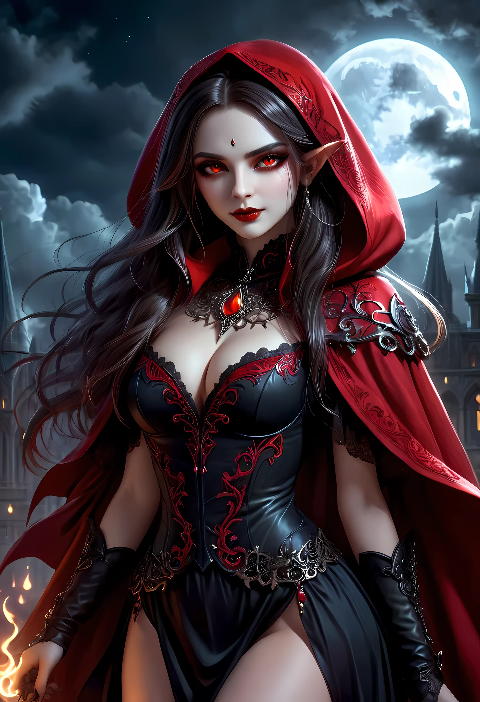 fantasy art, gothic art, (masterpiece:1.5), full body best details, highly detailed, best quality, Glowing Red, highres, full body portrait of a vampire, elf (Masterpiece, best quality: 1.6), ultra feminine, wizard, (intricate details, Masterpiece, best quality: 1.5) with a long curvy hair, light color hair, (scarlet:1.3) eyes, (fantasy art, Masterpiece, best quality), ((beautiful delicate face)), Ultra Detailed Face (intricate details, fantasy art, Masterpiece, best quality: 1.5), [[vampiric fangs 1.5]] (red cloak: 1.3) , flowing cloak (intricate details, fantasy art, Masterpiece, best quality: 1.3), wearing an intricate (black: 1.2) dress (intricate details, fantasy art, Masterpiece, best quality: 1.5), high heeled boots, urban background (intense details, beat details), fantasy, at night light, natural ,moon light, clouds, gothic atmosphere, soft light, dynamic light, [[anatomically correct]], high details, best quality, 8k, [ultra detailed], masterpiece, best quality, (extremely detailed), dynamic angle