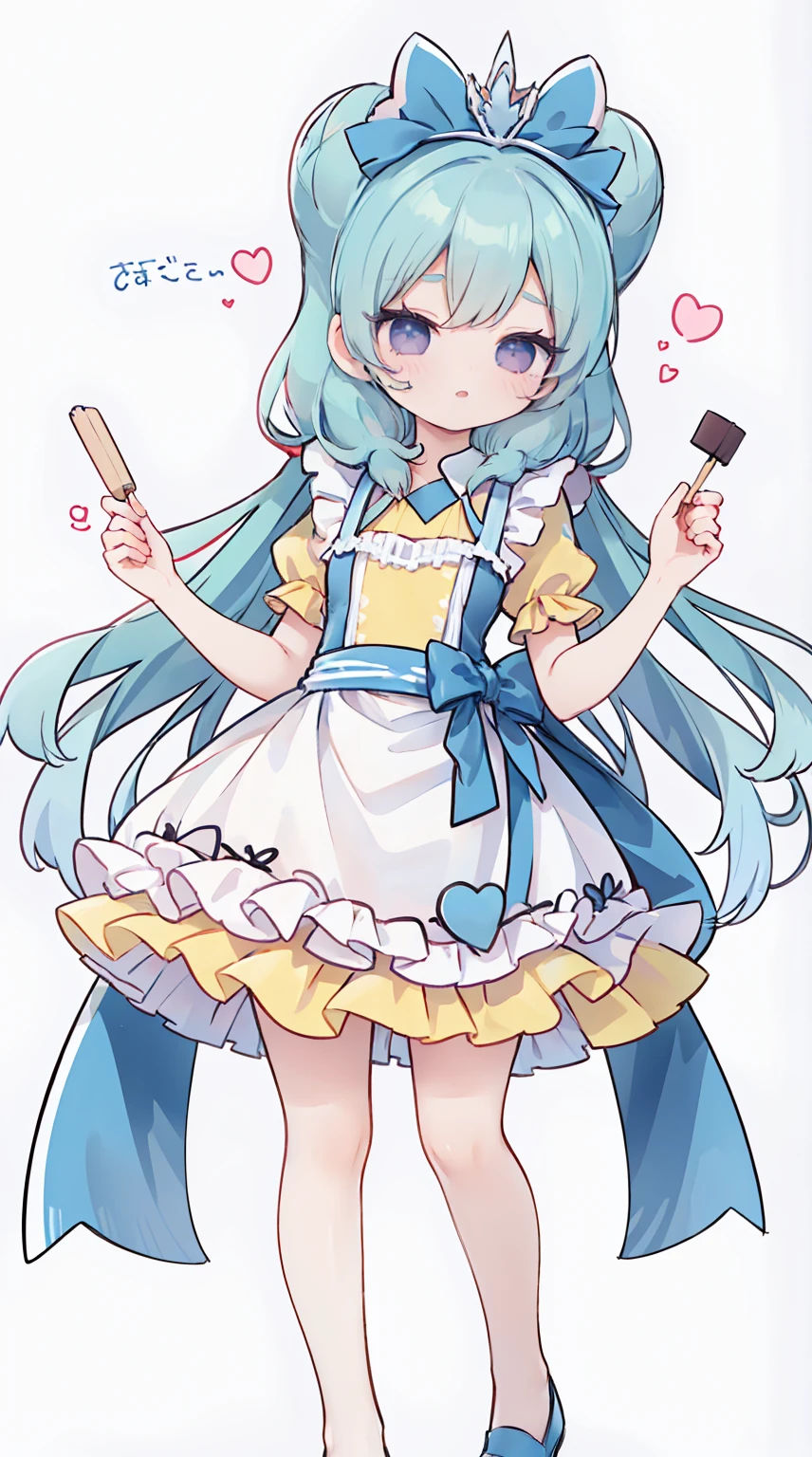 masterpiece, best quality, high resolution, aabeta, double, simple background, standing, slim waist, cute, {{{{{pastel blue fluffy puffy dress, (white apron )}}}}}, (PastelColors: 1.3)