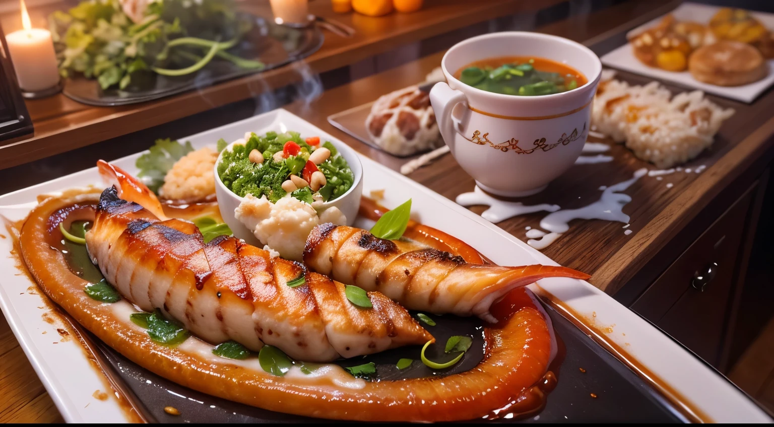 large giant squid Grilled until deliciously cooked. 2 squid, coated in flour and fried until golden and delicious to eat. Place on its side on a plate with fresh vegetables. There are fresh red and green chilies. Beautiful sauce cup The rice dish had smoke rising from the rice, there were flames and a smoke aura spread all over the fish. A large golden and white aura attacked the white and red aura. Absolute black background, 4k resolution.(Dinner in the kitchen with a comfortable atmosphere.),oil painting, family gathering,Detailed table scene,bright colors,warm light,delicious food,happy atmosphere,fun conversation,beautiful kitchenware,Meticulous table arrangement,fragrant food,The space is tastefully decorated.,Mouthwatering desserts,Culinary arts,The food was cooked flawlessly.,The wine glass clinked loudly.,Laughter and smiles,cheerful atmosphere,A memorable evening,beloved memories