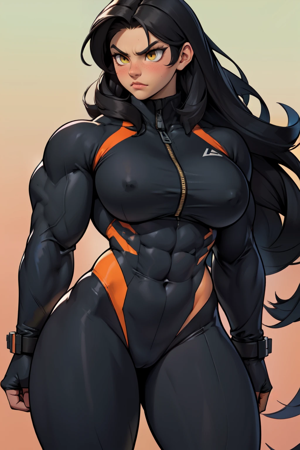 1girl (((muscular toned body))) huge breasts thick thighs wide hips curvy abs black hair yellow eyes very long hair pale skin voluptuous angry blush bodysuit