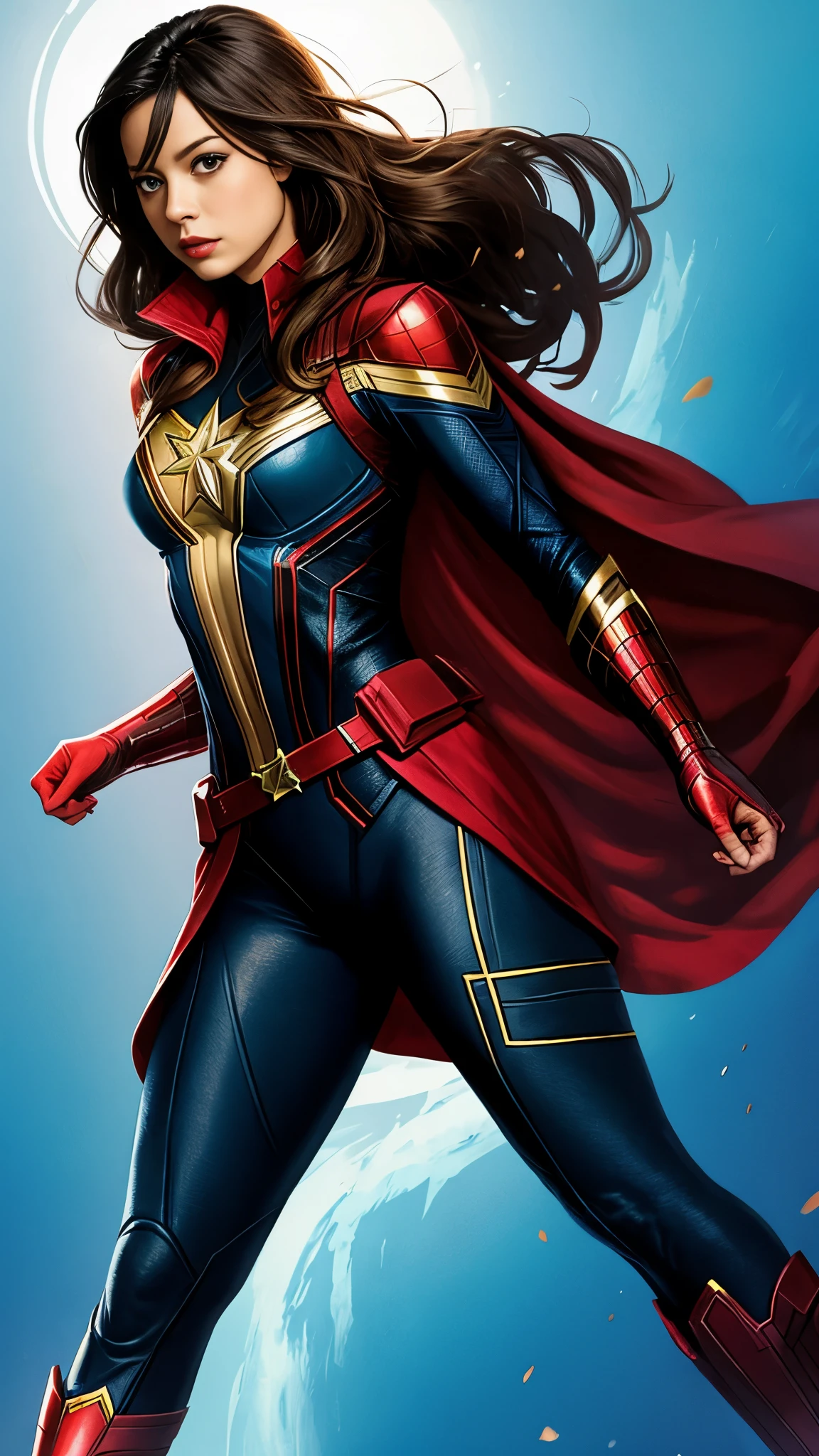 Tight suit in blue and red tones with the iconic symbol "S" On the chest.
- Red cape fluttering in the wind, long and majestic.
- High boots and gloves, both in red, that complement the suit.
- Thin yellow belt that defines the waist.
- Standing, with a firm and confident posture, hands on hips.
- Flying over a city with a determined look.
- In a dynamic pose, ready for action, with one arm extended and the other flexed.
- Determined and confident look, transmitting both power and compassion.
- A soft but confident smile can add warmth and bring the character closer.
- Metropolitan city at sunset, with skyscrapers and a sky that mixes orange and purple tones.
- A cosmic scene with planets and stars, showing your connection to the universe.
- A post-battle landscape with destroyed elements, highlighting her role as protector.
- Soft, warm light that highlights the textures and details of the suit.
- Shadows that accentuate the muscles and figure, creating a dramatic contrast.
- Light effects that suggest energy and power emanating from the character.
- Hair blowing in the wind, adding dynamism.
- Visual effects such as flashes of light or auras that enhance your power.
- Add moving elements, like the cape and hair, to give life and energy to the image.