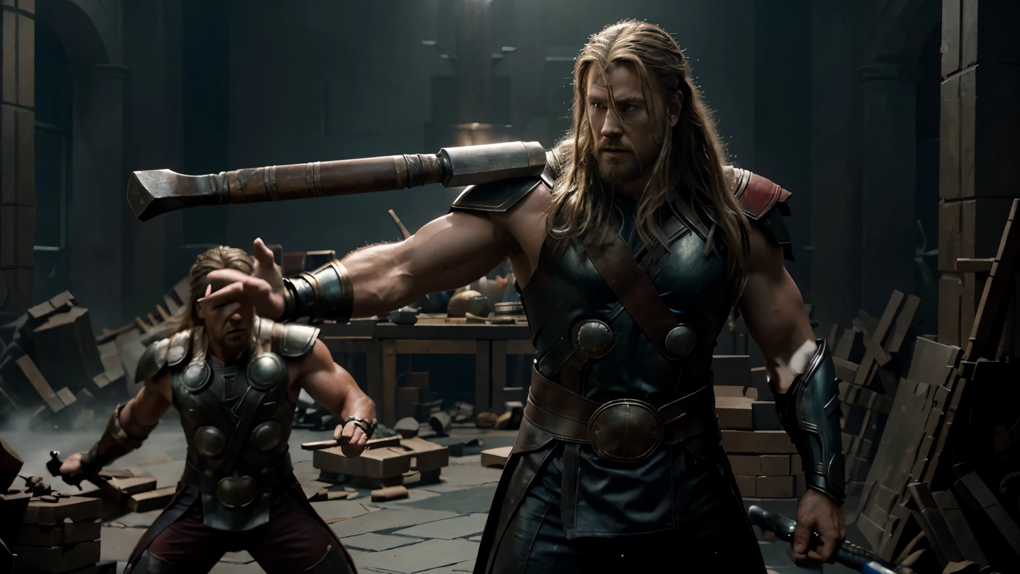 High resolution, photorealistic, Thor from Thor 1 fights with his hammer against Thor from Thor Ragnarok with his axe.