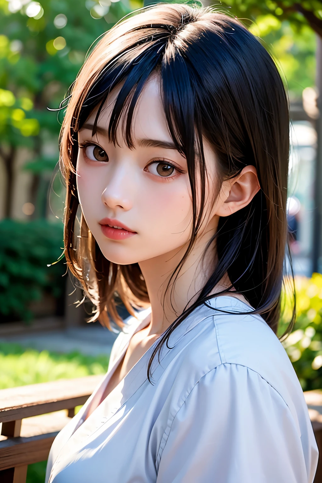 (1 nogizaka girl,raw photo,photo realistic:1.5),(best quality, high quality,HDR, highest quality,ultra high resolution,high resolution,high res,ultra high difinition,huge file size,8K,2K wallpaper,8K wallpaper,high quality texture,amazing,an extremely delicate:1.4),one girl, Japanese famous idol,beautiful face,small face,absurd,ridiculous,incredibly ridiculous,portrait,breasts close up,blurry background,(school uniform,no makeup:1.2),medium skin,beautiful skin,detailed skin,small head,black hair,silky hair,(Japanese eyes:1.3),detailed eyes,black eyes,Japanese idol eyes,monolid eyes,Japanese nose,5-fingers,(eyebrow:-0.5),(Light Particles, Lens Flare, Luminous Particles: 0.7),looking at viewer,bright lighting,professional lighting,girl