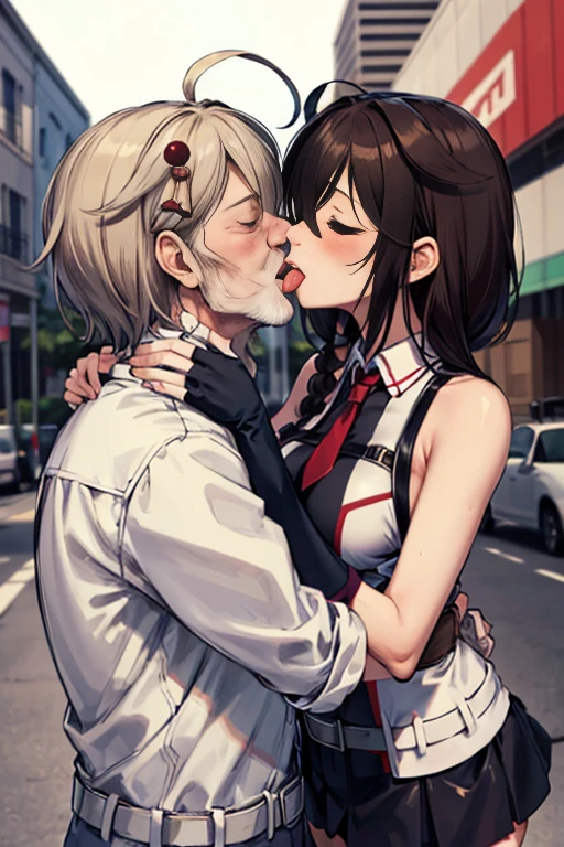 {perfect anatomy},((beautiful face:1.5)),((Pregnant: 0.8)), (((french kiss, 1 girl, 1homeless Old Man, hetero,kiss, french kiss, tongue kiss:1.5))),(Ahegao, blush, Sweat, Open mouth, Rolling eyes, Tears, Tongue out,)(Parted lips),(Closed eyes),(Feeling weak), best quality, (8k, best quality, masterpiece, ultra high res, , Super Detail), Ultra Detailed, Detailed Skin, (an extremely delicate and beautiful), BREKA,1 japanese beautiful airl, ShigureKaiSanKC, (sleeveless) shirt, (black and white) two-tone shirt, (black) pleated skirt, (black) thigh highs, (red) necktie, (white) belt, (black) fingerless gloves, (red) hand ribbon, hair over shoulder, hair ornament, hair between eyes, blue eyes,hair bow, long belt, BREAK perfect hands, detailed hands, best hands.