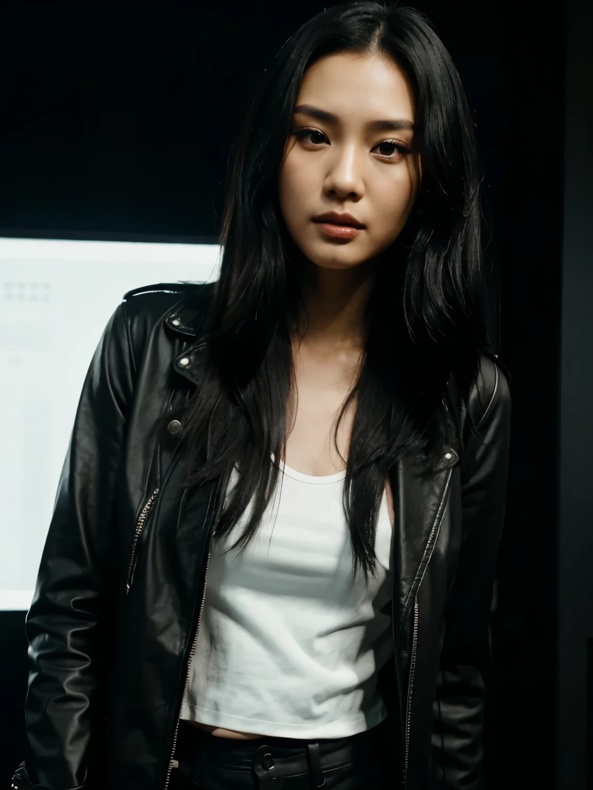 a handsome Indonesian man with black hair was standing next to a beautiful young Korean woman with long black hair, a man dressed in a shirt and a woman wearing a leather jacket. singer, movie screencap, model Eliza Hess from acquamodels. Black background