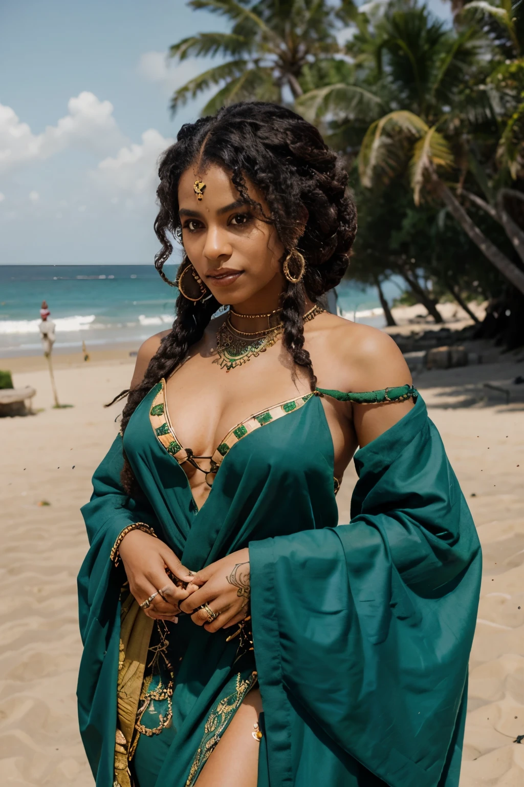 black woman, queen, wearing emeralds and jewels, henna tattoos, hair in curly locs, wearing traditional clothing with African and Indian influences, wearing more clothing, on island with a beach 