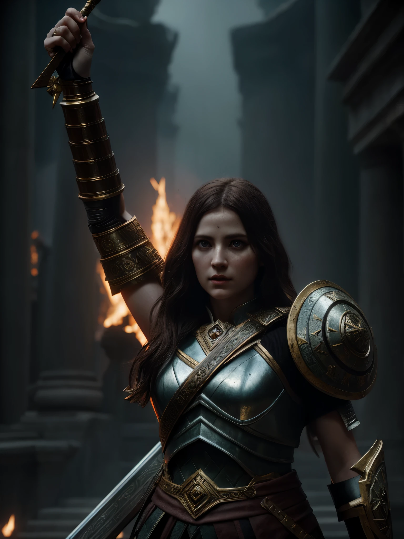Empowered Legendary Templary Warrior, Olympus, Goddess style, French painting style, Brave warrior queen, warrior goddess, complex details, octane render, hyper realistic, cinematic, fantasy movie, dark moody tones,