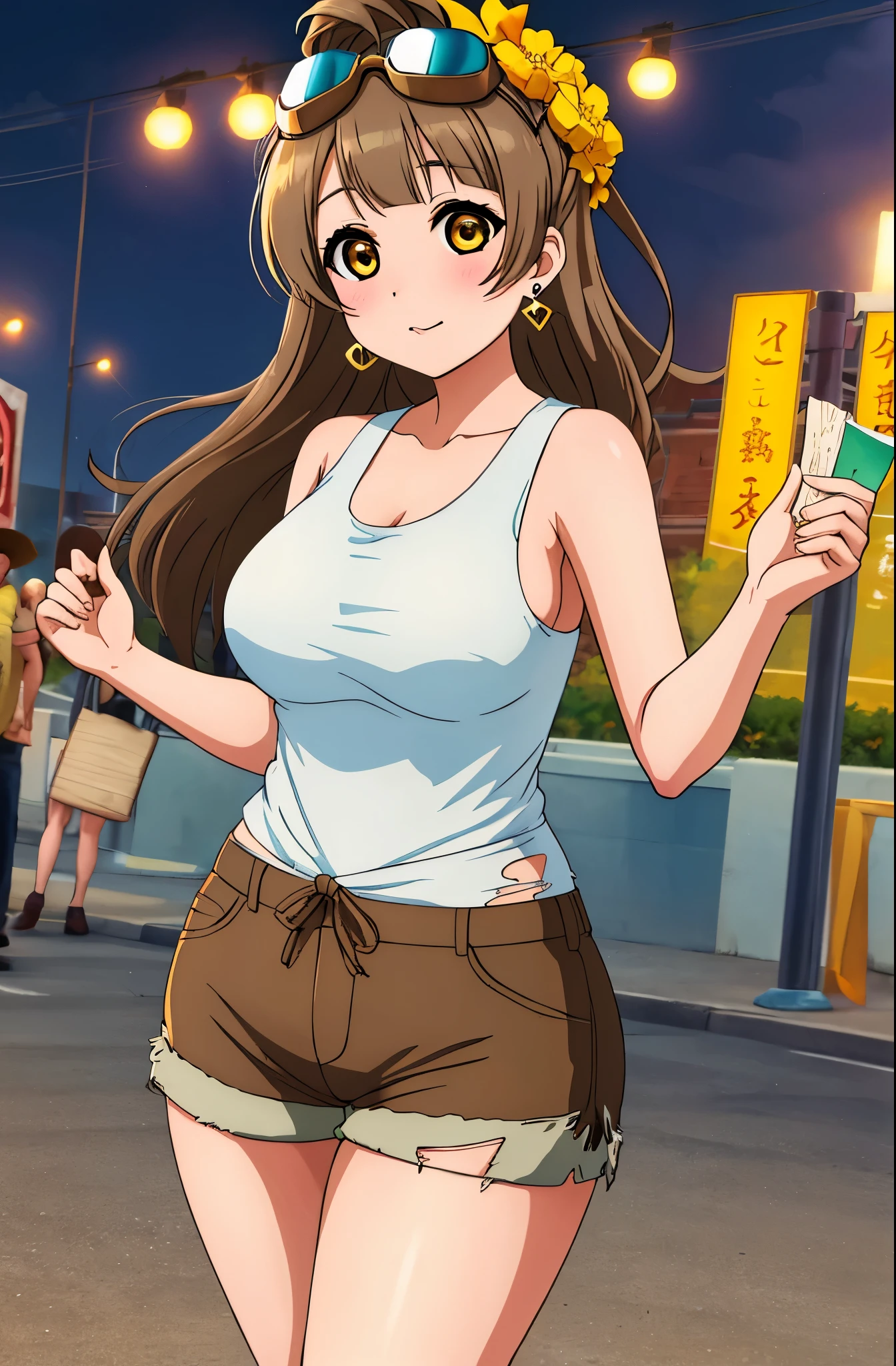 Masterpiece, best quality,solo, (cowboy shot), minami kotori, curvy body, torn white tank top, brown short shorts,goggles on head, ,earrings, fortune 