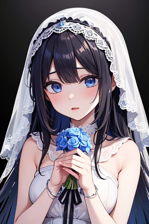 masterpiece, masterpiece_portrait, distinct, distinct_image, high_resolution, highres, high_quality_anime, high_quality, hyper_detail, finely_detailed,4K, YUJU, GFRIEND, KPOP , white Wedding Dress, sexy body, ((black hair)), blue eyes, wedding veil, bouquet