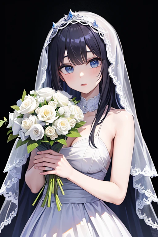 masterpiece, masterpiece_portrait, distinct, distinct_image, high_resolution, highres, high_quality_anime, high_quality, hyper_detail, finely_detailed,4K, YUJU, GFRIEND, KPOP , white Wedding Dress, sexy body, ((black hair)), blue eyes, wedding veil, bouquet