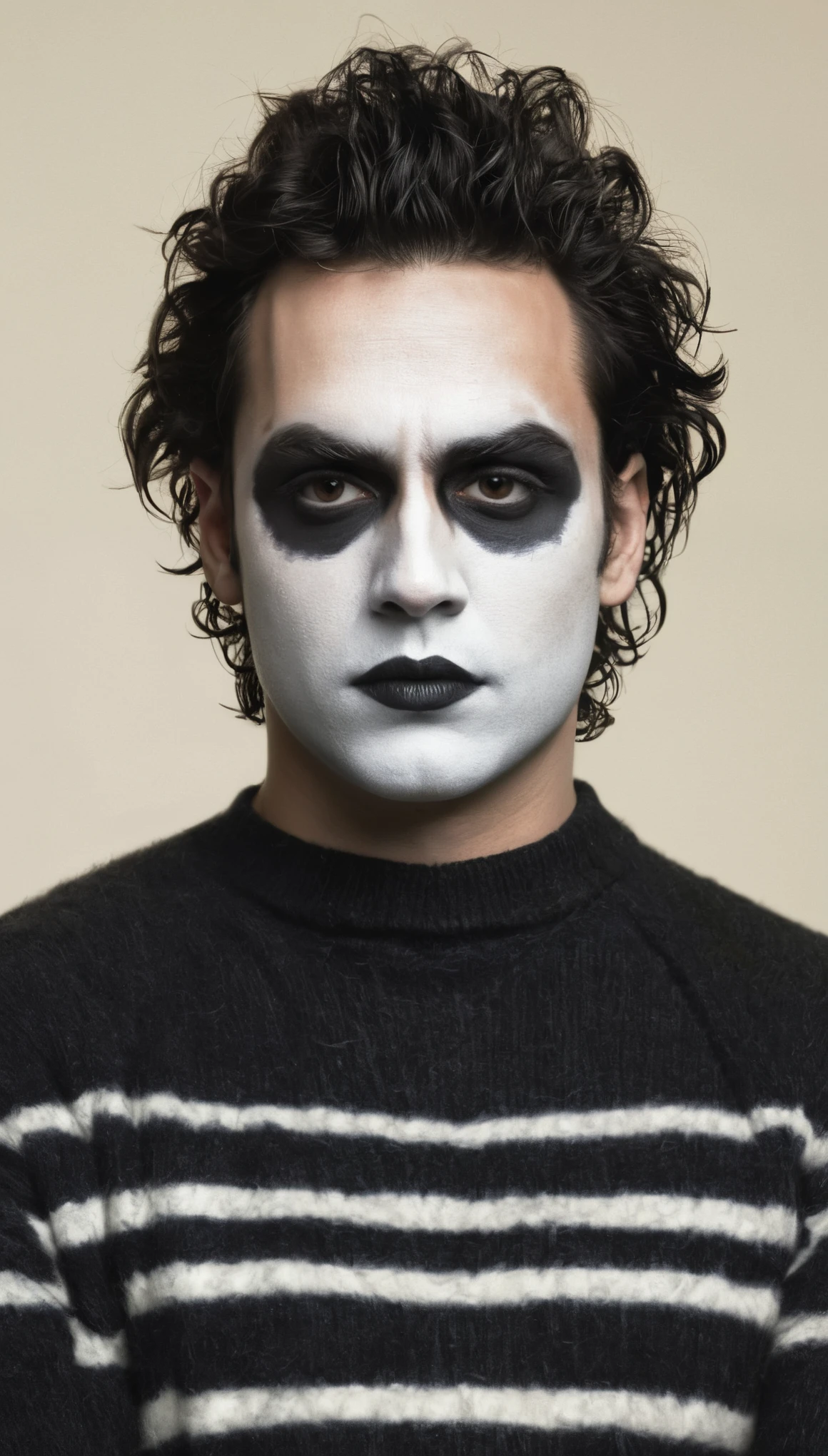 An illustrated movie poster, of the Crow, male, 28 years-old, wearing black and white crow makeup and a striped sweater, stocky, soft doughy physique, deep brown eyes, wide bulbous nose, full lips, black lipstick, black hair, curly quiff, thick bushy eyebrows, extremely hairy chest, stomach, and arms, lots of body hair, posing, hand-drawn, full color, multi-color, shadows, graphite shading, stencil marks, airbrushed acrylic paint, masterpiece