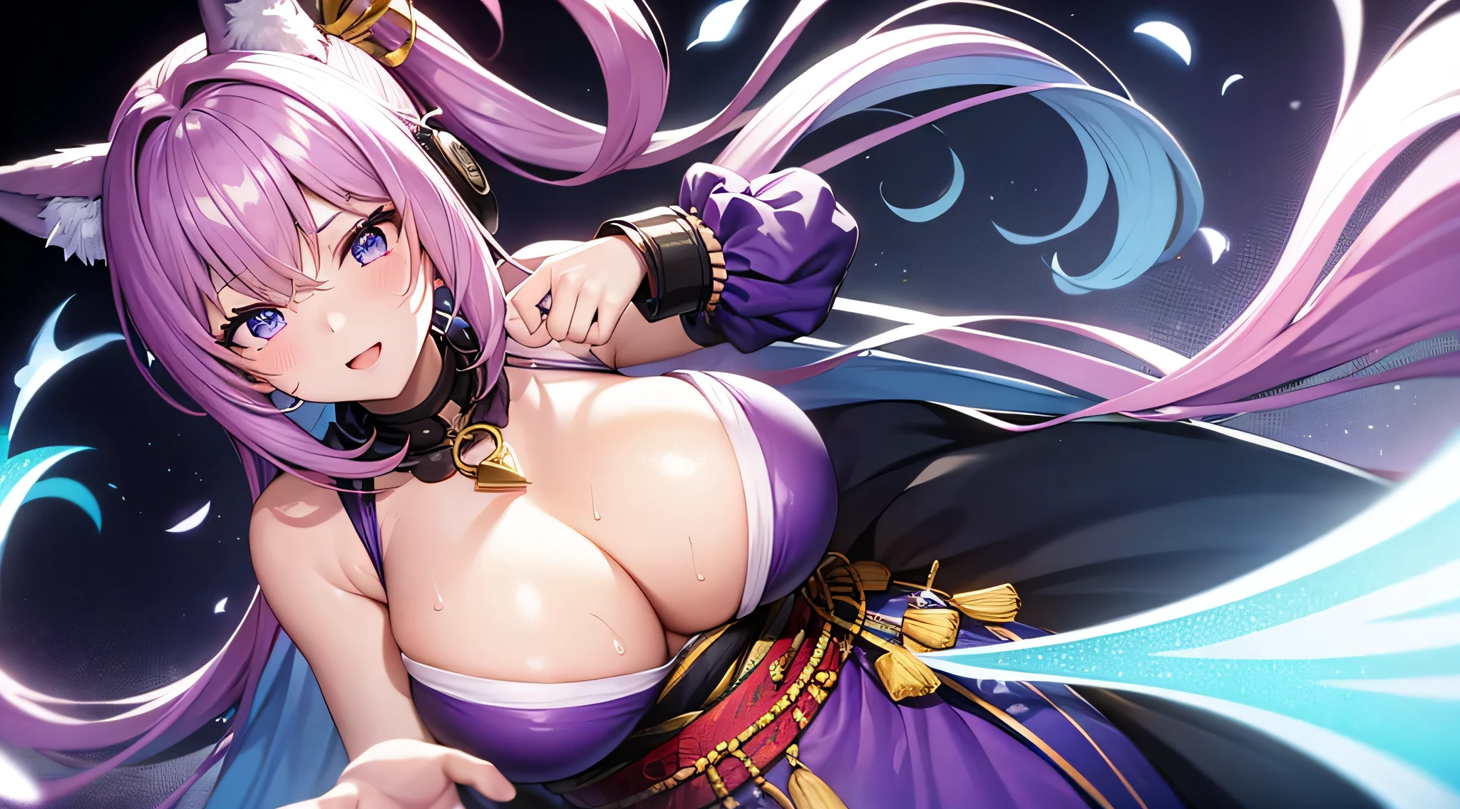 masterpiece、highest quality、1girl , solo , huge breasts、deep cleavage、light purple hair、ponytail、fox ears、brightly colored eyes、blue eyes、black glasses、japanese kimono、hakama、flashy necklace、charm、Wet、face turns red, very sweaty, dynamic pose、standing、ryokan background、Headphones worn around the neck、flashy hair ornament