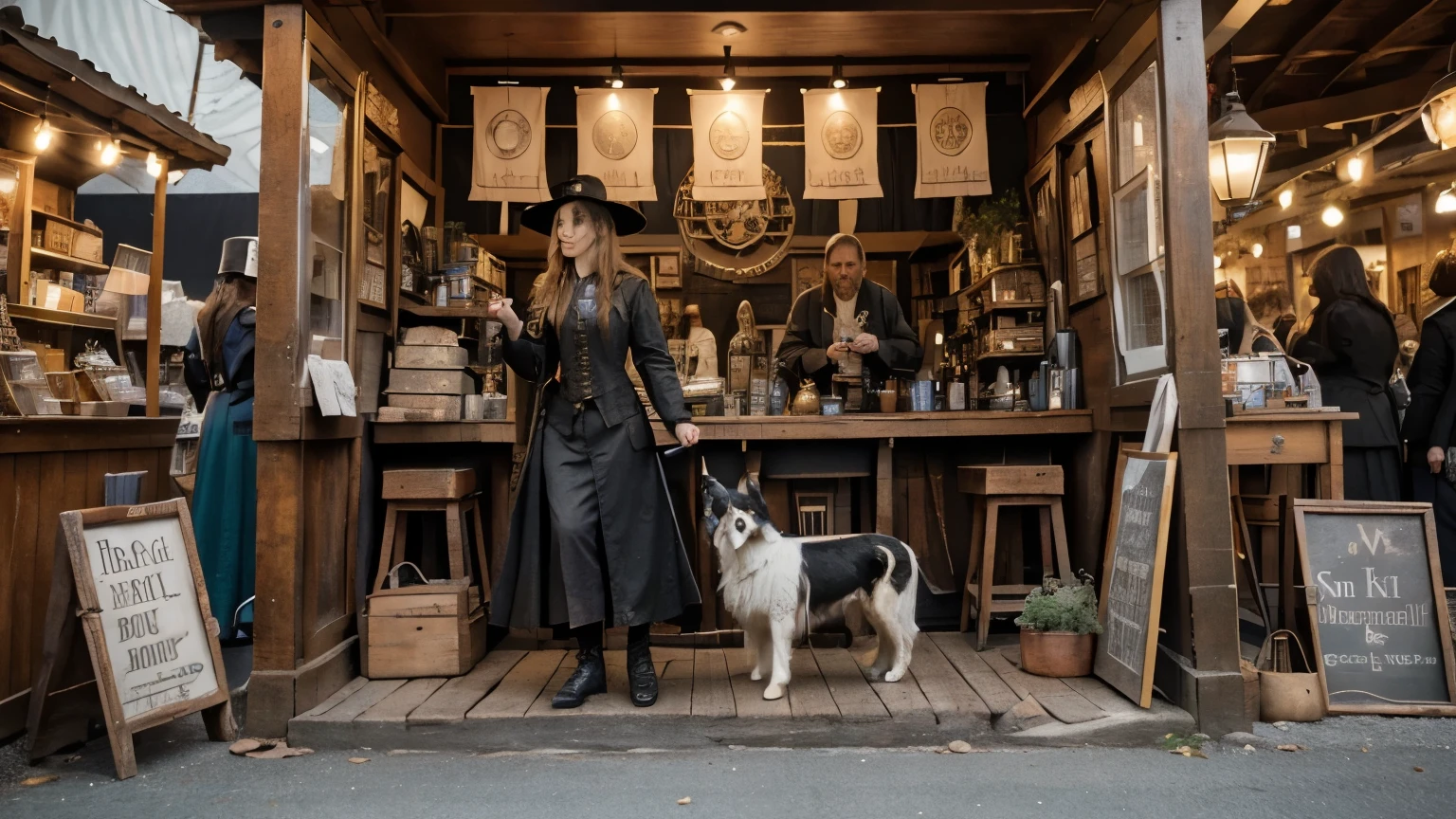 The witch with her shetland sheepdog, price negotiation, and there are a lot of witches and wizards at a flea market. The scene portrays a vivid Steampunk-inspired machine in a surrealistic setting. The image quality should be of the best quality, with 4k or 8k resolution, high details, and a realistic or photorealistic style. The color palette should emphasize vibrant colors, and the lighting should create a mesmerizing atmosphere.