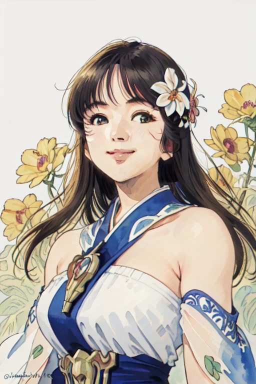 masterpiece, highest quality, divine quality, godlike art, Art Nouveau watercolors, highly detailed face, very realistic, cute, 1 girl,alone,looking at the viewer,Smile Lynn Minmei, white dress, Nice views , flower-like_background, Intricate designs and patterns in the style of Alphonse Mucha.from below