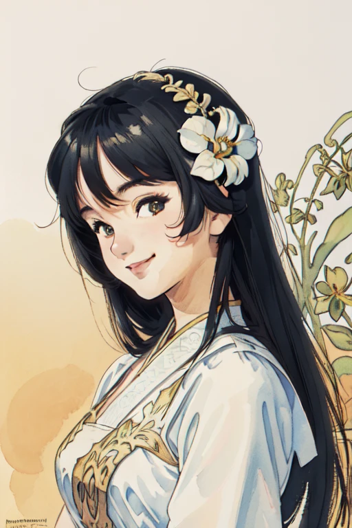 masterpiece, highest quality, divine quality, godlike art, Art Nouveau watercolors, highly detailed face, very realistic, cute, 1 girl,alone,looking at the viewer,Smile Lynn Minmei, white dress, Nice views , flower-like_background, Intricate designs and patterns in the style of Alphonse Mucha.from below