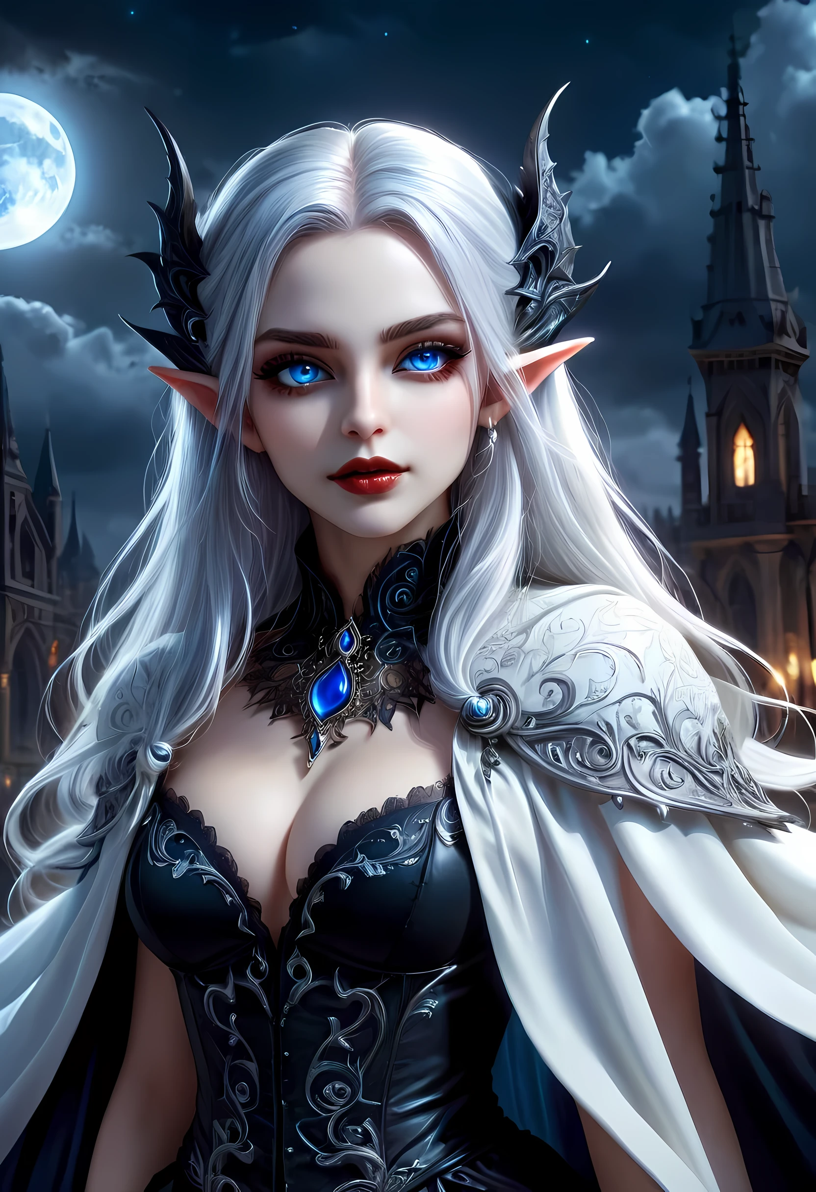 fantasy art, gothic art, (masterpiece:1.5), full body best details, highly detailed, best quality, Glowing blue, highres, full body portrait of a vampire, elf (Masterpiece, best quality: 1.6), ultra feminine, wizard, (intricate details, Masterpiece, best quality: 1.5) with a long curvy hair, light color hair, (blue:1.3) eyes, (fantasy art, Masterpiece, best quality), ((beautiful delicate face)), Ultra Detailed Face (intricate details, fantasy art, Masterpiece, best quality: 1.5), [[vampiric fangs 1.5]] (white cloak: 1.3) , flowing cloak (intricate details, fantasy art, Masterpiece, best quality: 1.3), wearing an intricate (black: 1.2) dress (intricate details, fantasy art, Masterpiece, best quality: 1.5), high heeled boots, urban background (intense details, beat details), fantasy, at night light, natural ,moon light, clouds, gothic atmosphere, soft light, dynamic light, [[anatomically correct]], high details, best quality, 8k, [ultra detailed], masterpiece, best quality, (extremely detailed), dynamic angle