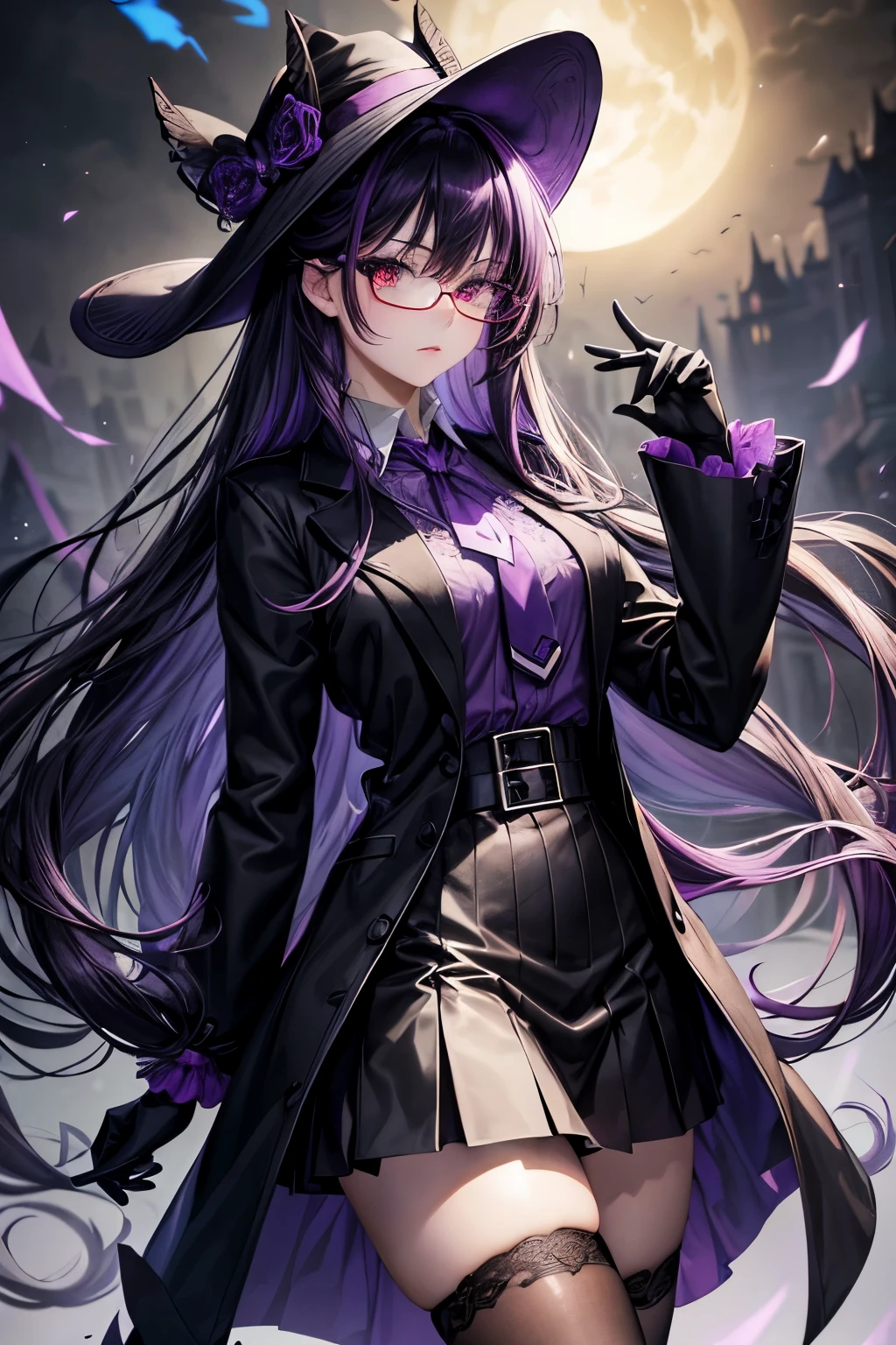 best quality, intricate details, chromatic abberation, masterpiece, enigmatic atmosphere, night background, beautiful, stunning, middle-aged, purple highlights, anime woman, tall, slender, pale skin, wide brim black hat, purple bow tie, (long hair, messy hair, wavy hair, purple hair, hair between eyes), hair strand, messy bangs, long bangs, asymmetrical bangs, crossed bangs, magnificent eyes, luminescent eyes, gradient eyes, ((red eyes)), sharp eyes, purple glasses, (black cardigan, long sleeved shirt, collared shirt, purple shirt, purple ribbon tie, black vest, black skirt, black gloves, black tights, black heel boots)