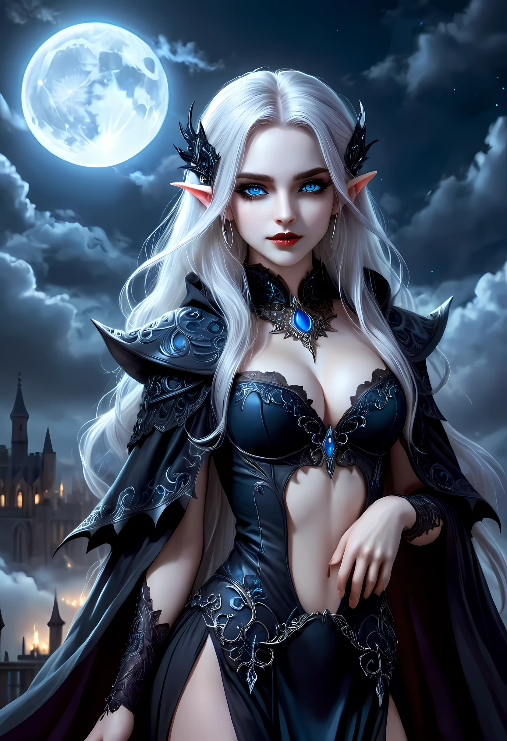 fantasy art, gothic art, (masterpiece:1.5), full body best details, highly detailed, best quality, Glowing blue, highres, full body portrait of a vampire, elf (Masterpiece, best quality: 1.6), ultra feminine, wizard, (intricate details, Masterpiece, best quality: 1.5) with a long curvy hair, light color hair, (blue:1.3) eyes, (fantasy art, Masterpiece, best quality), ((beautiful delicate face)), Ultra Detailed Face (intricate details, fantasy art, Masterpiece, best quality: 1.5), [[vampiric fangs 1.5]] (white cloak: 1.3) , flowing cloak (intricate details, fantasy art, Masterpiece, best quality: 1.3), wearing an intricate (black: 1.2) dress (intricate details, fantasy art, Masterpiece, best quality: 1.5), high heeled boots, urban background (intense details, beat details), fantasy, at night light, natural ,moon light, clouds, gothic atmosphere, soft light, dynamic light, [[anatomically correct]], high details, best quality, 8k, [ultra detailed], masterpiece, best quality, (extremely detailed), dynamic angle