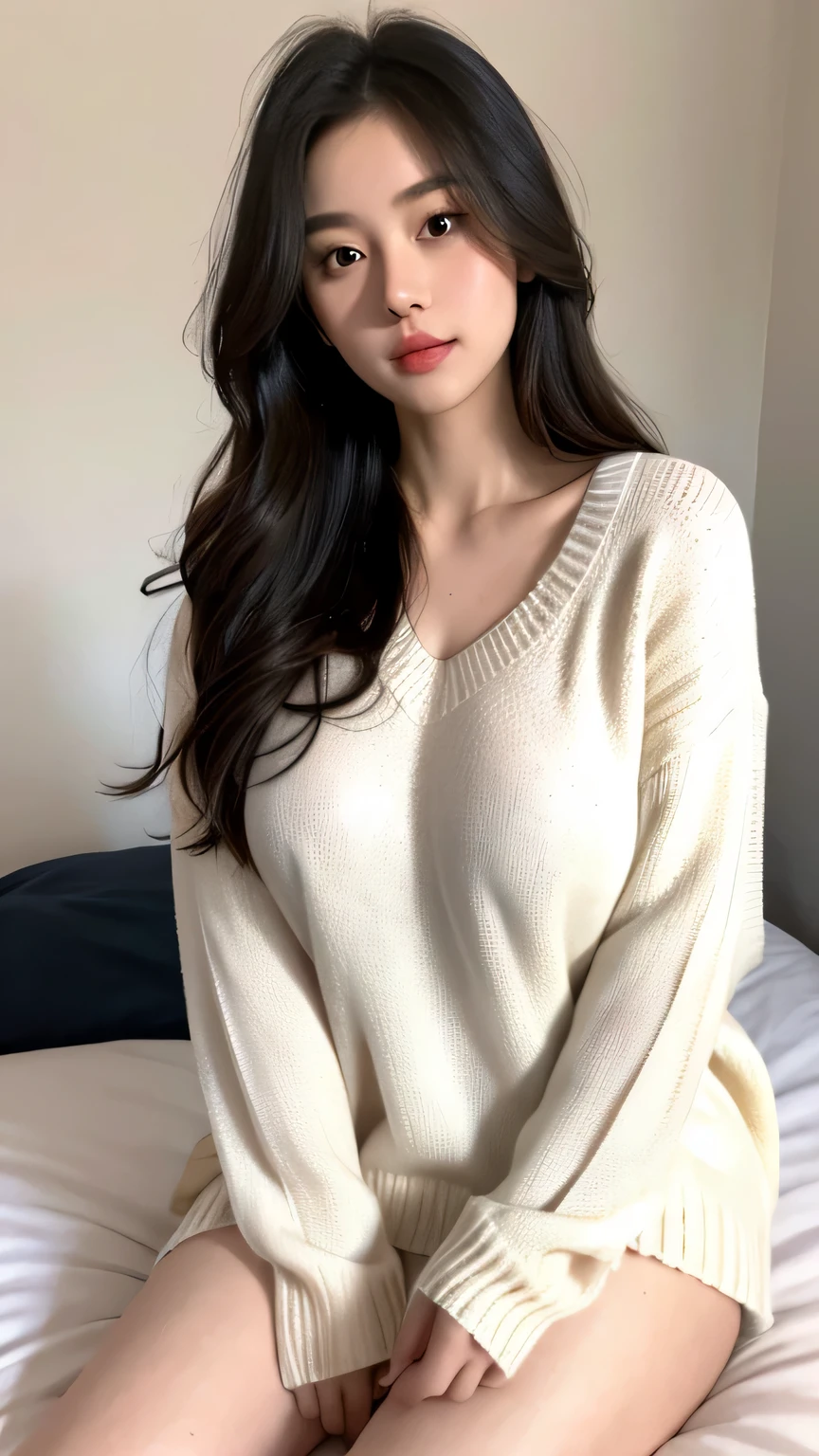 1girl, huge breast, long hair, sitting bed, sweater