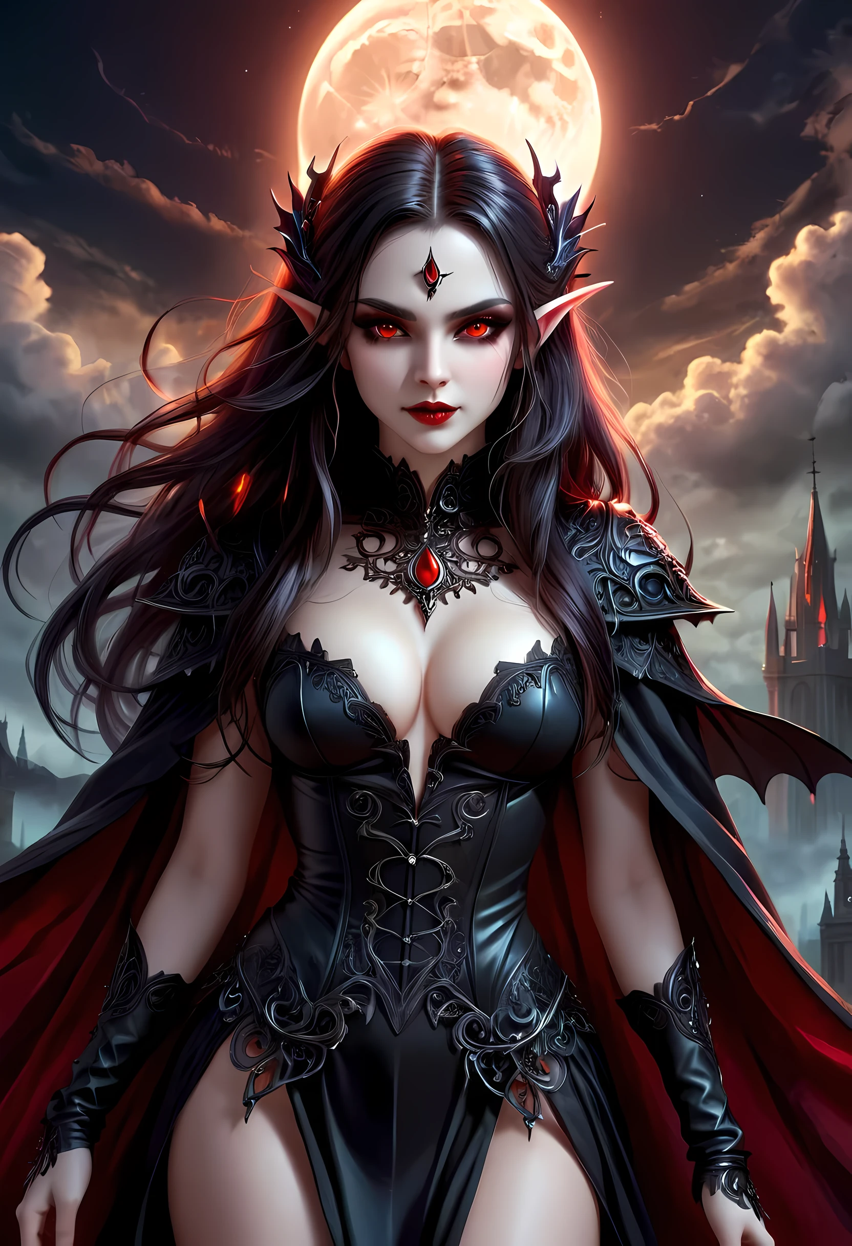 fantasy art, gothic art, (masterpiece:1.5), full body best details, highly detailed, best quality, Glowing Red, highres, full body portrait of a vampire, elf (Masterpiece, best quality: 1.6), ultra feminine, wizard, (intricate details, Masterpiece, best quality: 1.5) with a long curvy hair, light color hair, (scarlet:1.3) eyes, (fantasy art, Masterpiece, best quality), ((beautiful delicate face)), Ultra Detailed Face (intricate details, fantasy art, Masterpiece, best quality: 1.5), [[vampiric fangs 1.5]] (white cloak: 1.3) , flowing cloak (intricate details, fantasy art, Masterpiece, best quality: 1.3), wearing an intricate (black: 1.2) dress (intricate details, fantasy art, Masterpiece, best quality: 1.5), high heeled boots, urban background (intense details, beat details), fantasy, at night light, natural ,moon light, clouds, gothic atmosphere, soft light, dynamic light, [[anatomically correct]], high details, best quality, 8k, [ultra detailed], masterpiece, best quality, (extremely detailed), dynamic angle
