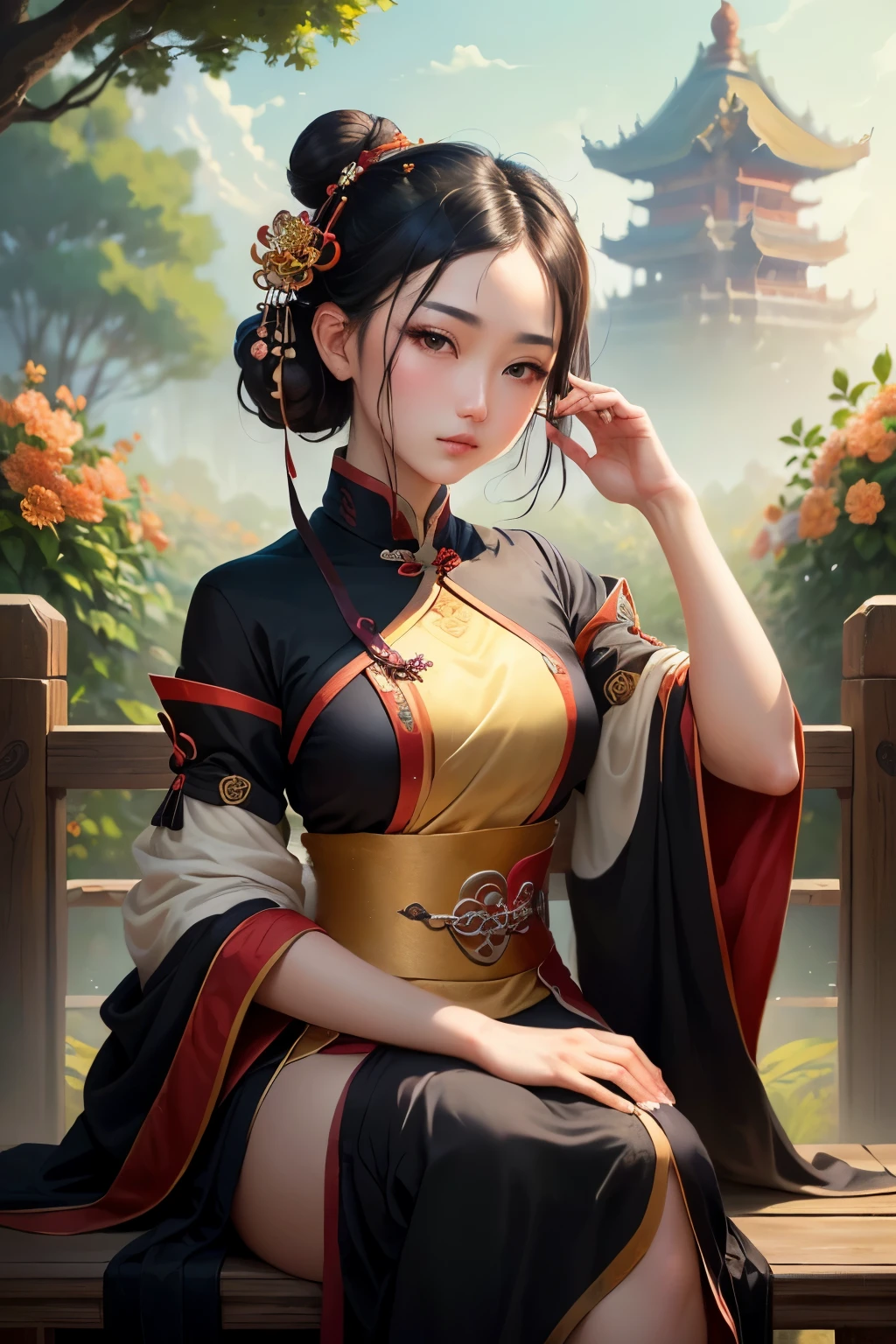 ((highest quality)), ((masterpiece)), (be familiar with), Woman with dark hair, Sitting on the fence, (Inspired by the story of Yanluo:1.2), (Pixiv contest winners:1.1), (Empress:1.3), (art style:1.2), Growing flowers, Wearing hair ornaments, (She has her head tied up in a bun.:1.1), (Black straight hair:1.2), 8K resolution