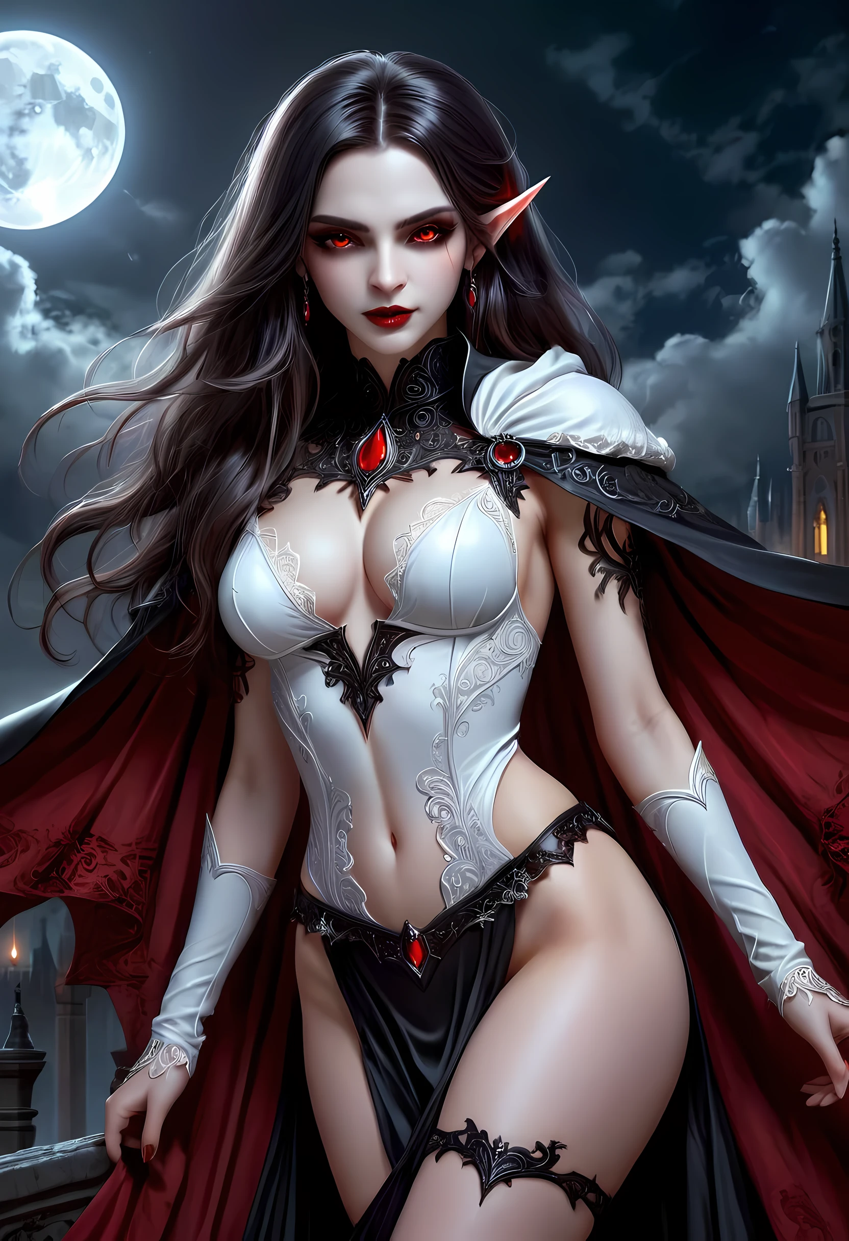fantasy art, gothic art, (masterpiece:1.5), full body best details, highly detailed, best quality, Glowing Red, highres, full body portrait of a vampire, elf (Masterpiece, best quality: 1.6), ultra feminine, wizard, (intricate details, Masterpiece, best quality: 1.5) with a long curvy hair, light color hair, (scarlet:1.3) eyes, (fantasy art, Masterpiece, best quality), ((beautiful delicate face)), Ultra Detailed Face (intricate details, fantasy art, Masterpiece, best quality: 1.5), [[vampiric fangs 1.5]] (white cloak: 1.3) , flowing cloak (intricate details, fantasy art, Masterpiece, best quality: 1.3), wearing an intricate (black: 1.2) dress (intricate details, fantasy art, Masterpiece, best quality: 1.5), high heeled boots, urban background (intense details, beat details), fantasy, at night light, natural ,moon light, clouds, gothic atmosphere, soft light, dynamic light, [[anatomically correct]], high details, best quality, 8k, [ultra detailed], masterpiece, best quality, (extremely detailed), dynamic angle