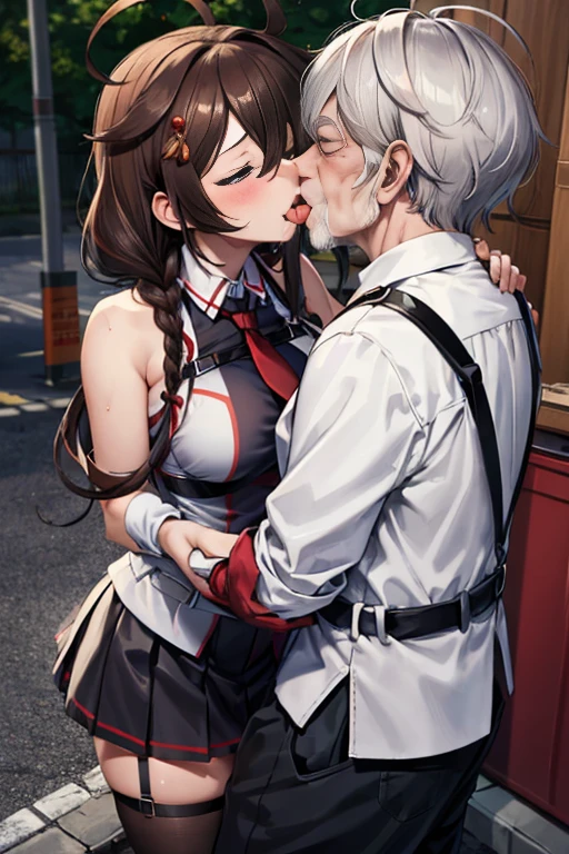 {perfect anatomy},((beautiful face:1.5)),((Pregnant: 0.8)), (((french kiss, 1 girl, 1homeless Old Man, hetero,kiss, french kiss, tongue kiss:1.4))),(Ahegao, blush, Sweat, Open mouth, Rolling eyes, Tears, Tongue out,)(Parted lips),(Closed eyes),(Feeling weak), best quality, (8k, best quality, masterpiece, ultra high res, , Super Detail), Ultra Detailed, Detailed Skin, (an extremely delicate and beautiful), BREKA,1 japanese beautiful airl, ShigureKaiSanKC, (sleeveless) shirt, (black and white) two-tone shirt, (black) pleated skirt, (black) thigh highs, (red) necktie, (white) belt, (black) fingerless gloves, (red) hand ribbon, hair over shoulder, hair ornament, hair between eyes, blue eyes,hair bow, long belt, BREAK perfect hands, detailed hands, best hands.