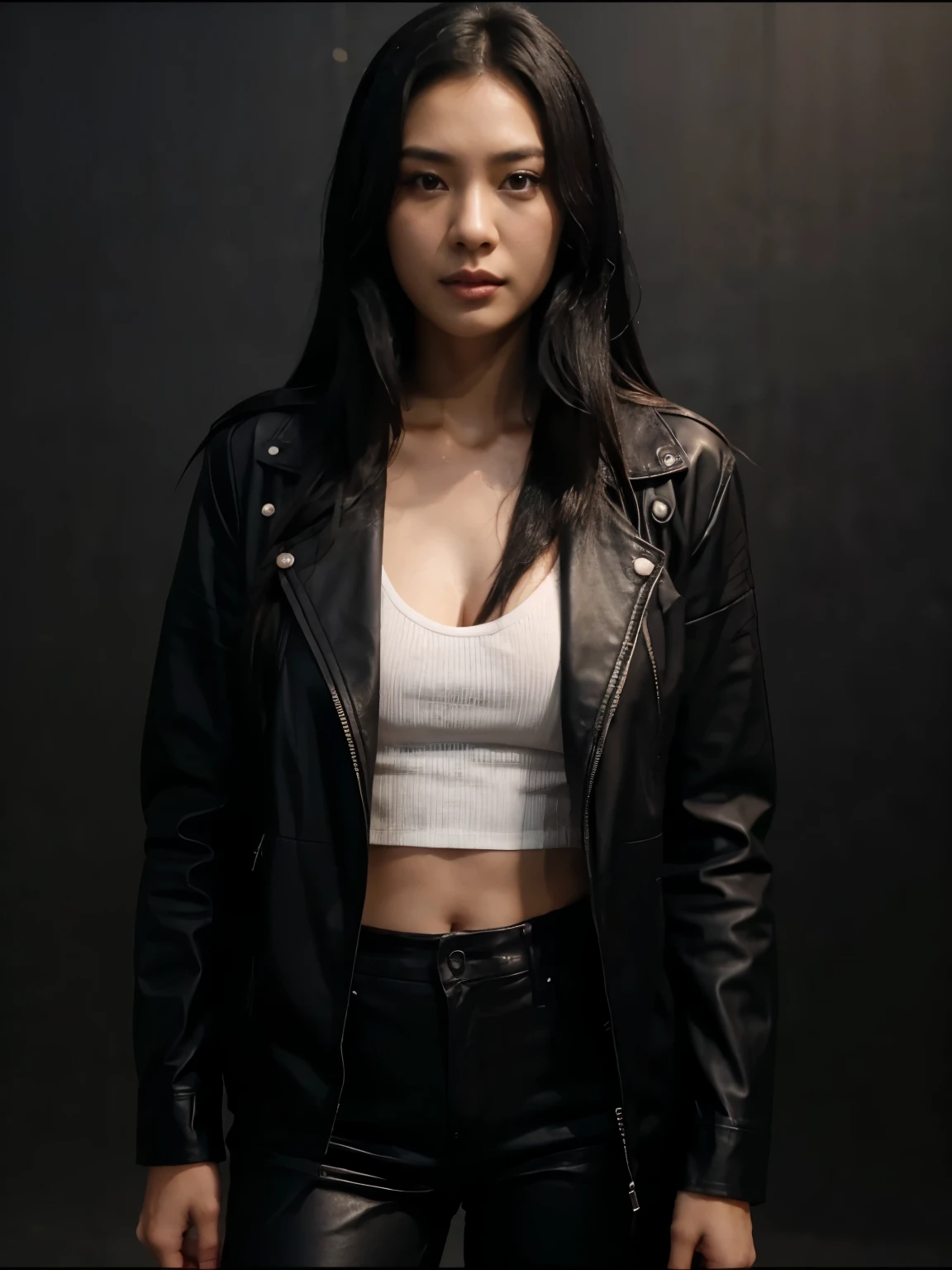 a handsome Indonesian man with black hair was standing next to a beautiful young Korean woman with long black hair, a man dressed in a shirt and a woman wearing a leather jacket. singer, movie screencap, model Eliza Hess from acquamodels. Black background