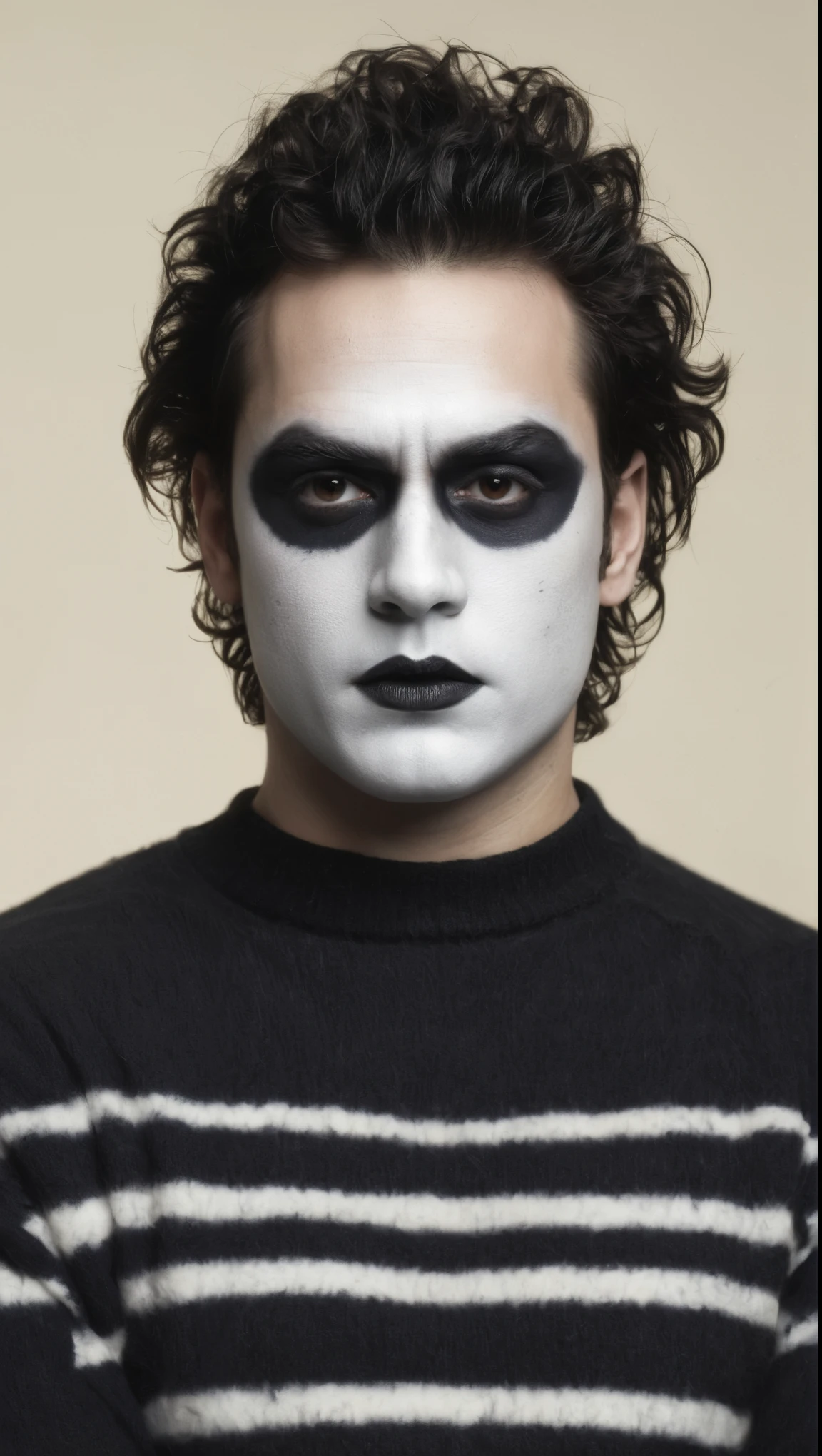 An illustrated movie poster, of the Crow, male, 28 years-old, wearing black and white crow makeup and a striped sweater, stocky, soft doughy physique, deep brown eyes, wide bulbous nose, full lips, black lipstick, black hair, curly quiff, thick bushy eyebrows, extremely hairy chest, stomach, and arms, lots of body hair, posing, hand-drawn, full color, multi-color, shadows, graphite shading, stencil marks, airbrushed acrylic paint, masterpiece