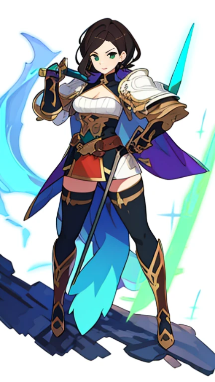 (((Best Quality))) , ((full body)), female, high fantasy outfit, reference sheet, solo, (white background), holding staff or sword, gauntlets, thigh high, belt, blue, orange, green, violet, brown, white, sexy outfit, cleavage,
