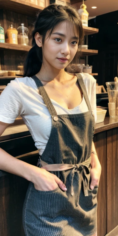 (8K、RAW Photos、Highest quality、masterpiece:1.2)、(Realistic、Realistic)、1 Girl、((Naked Apron、Coffee shop、Small breasts、Nipples、View from the front、smile、Looking into the camera、stand))、cute